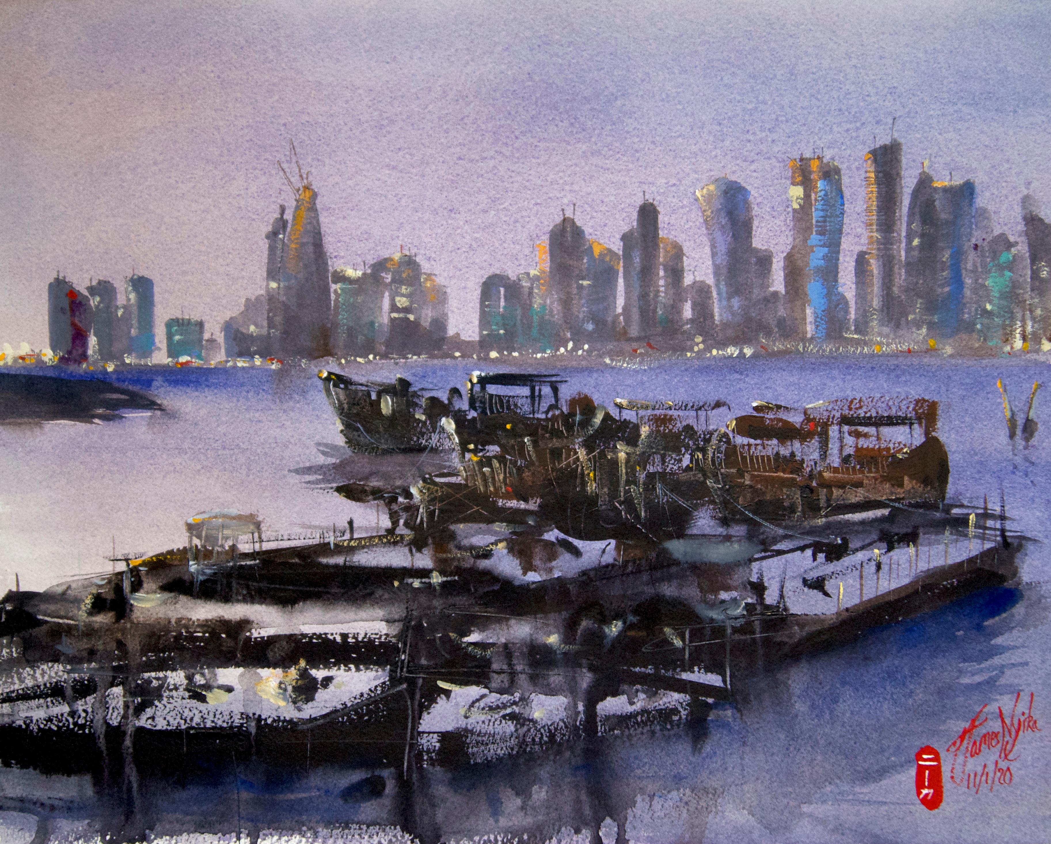James Nyika Interior Art - Harbor Boats, Doha, Original Painting