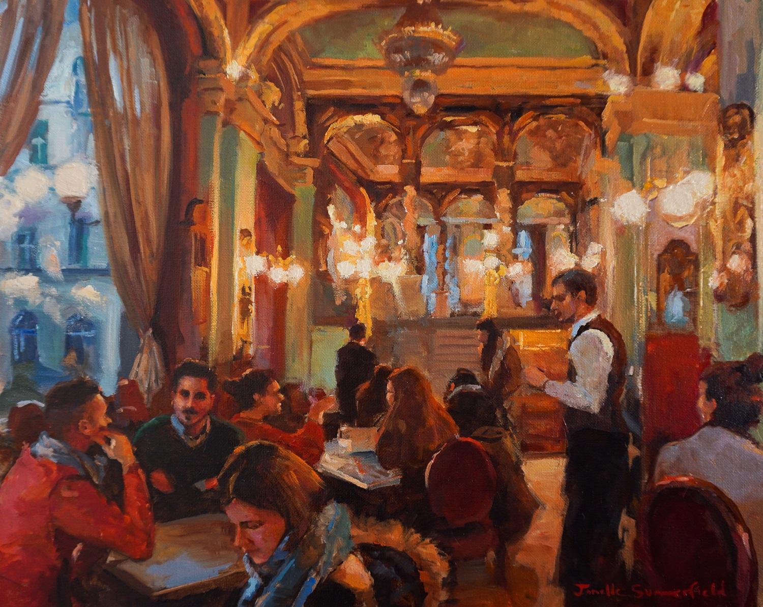 Jonelle Summerfield Landscape Painting - Budapest Cafe in Winter, Oil Painting