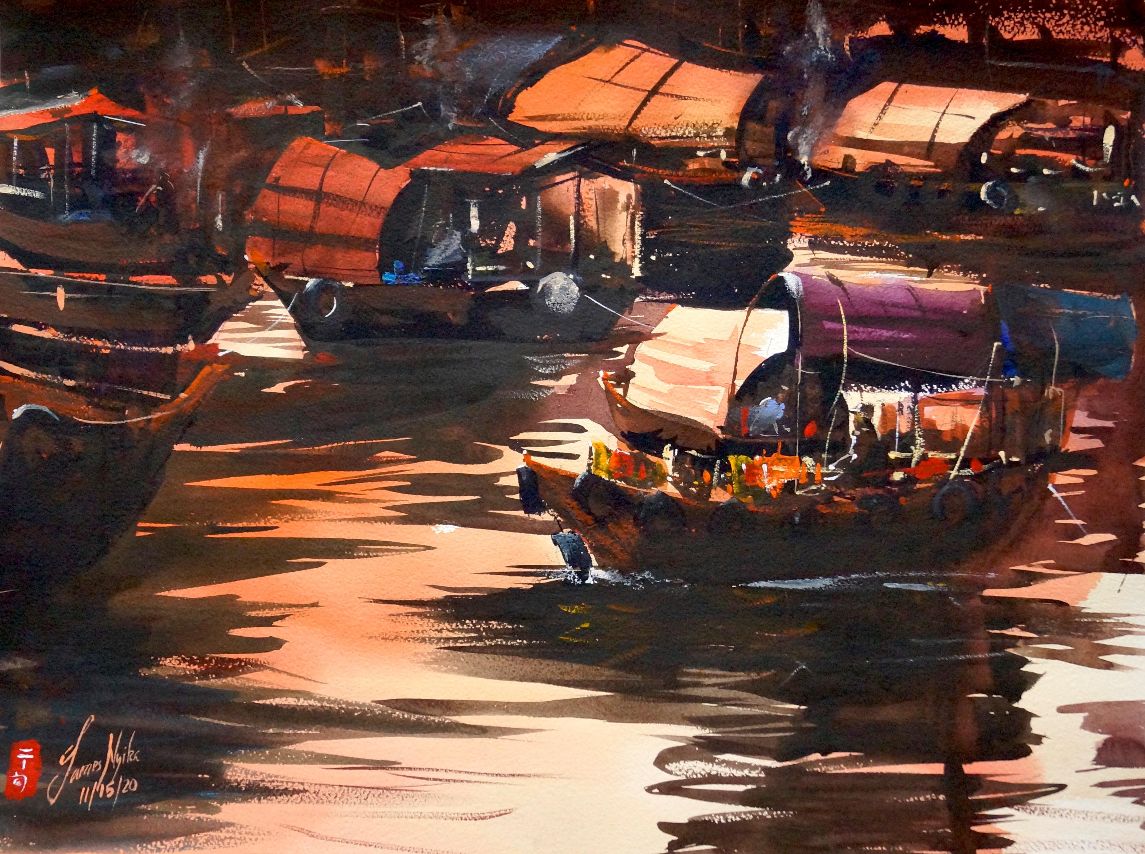 Hong Kong - The Boat Trader, Original Painting - Art by James Nyika