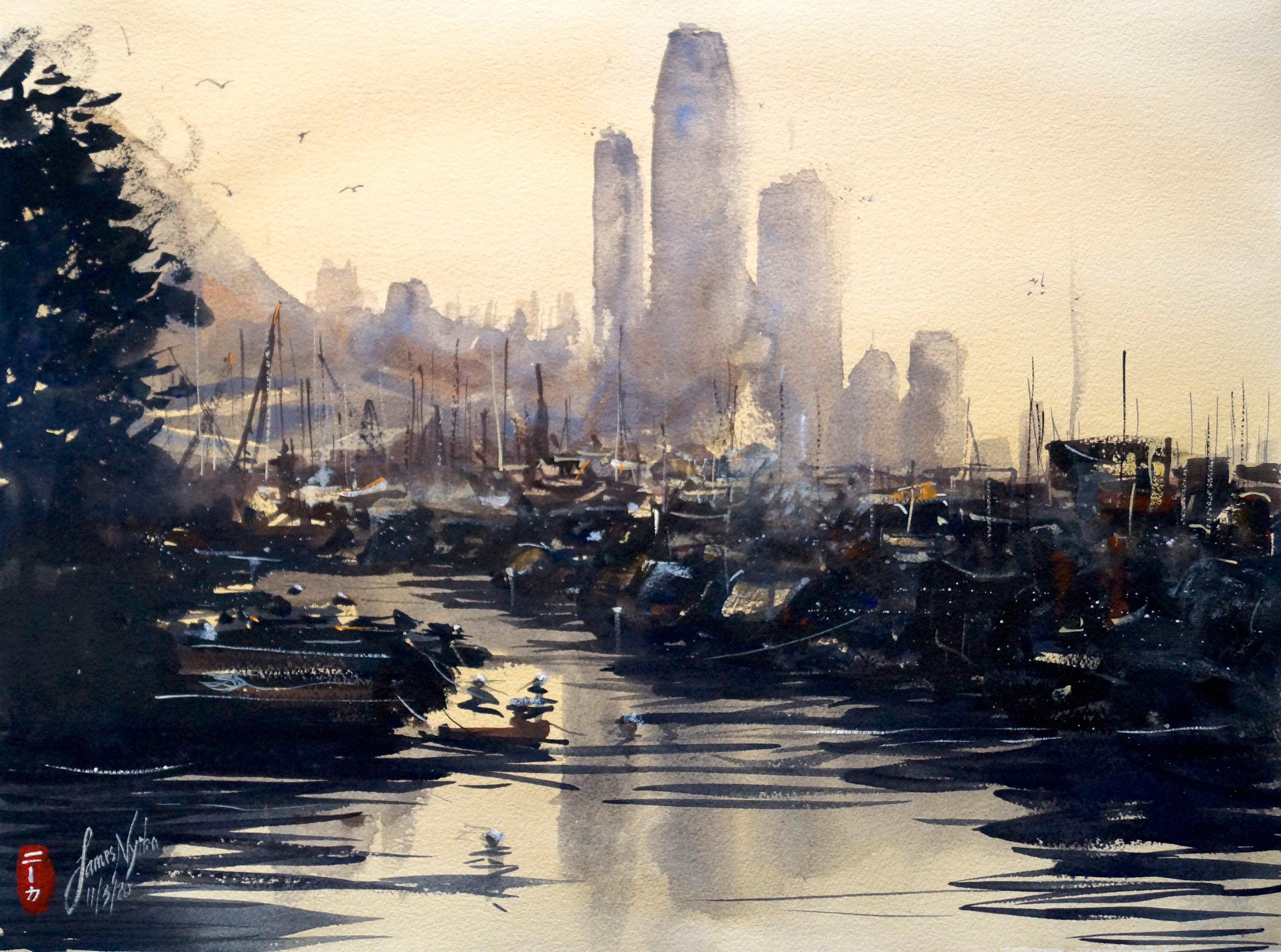 Hong Kong Skyline, Original Painting - Art by James Nyika