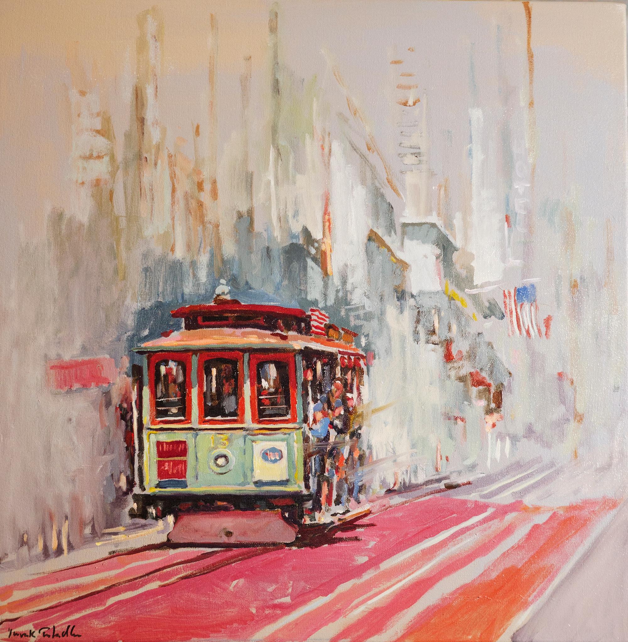 Yuvak Tuladhar Landscape Painting - Cable Car No. 13 on Powell Street, Oil Painting