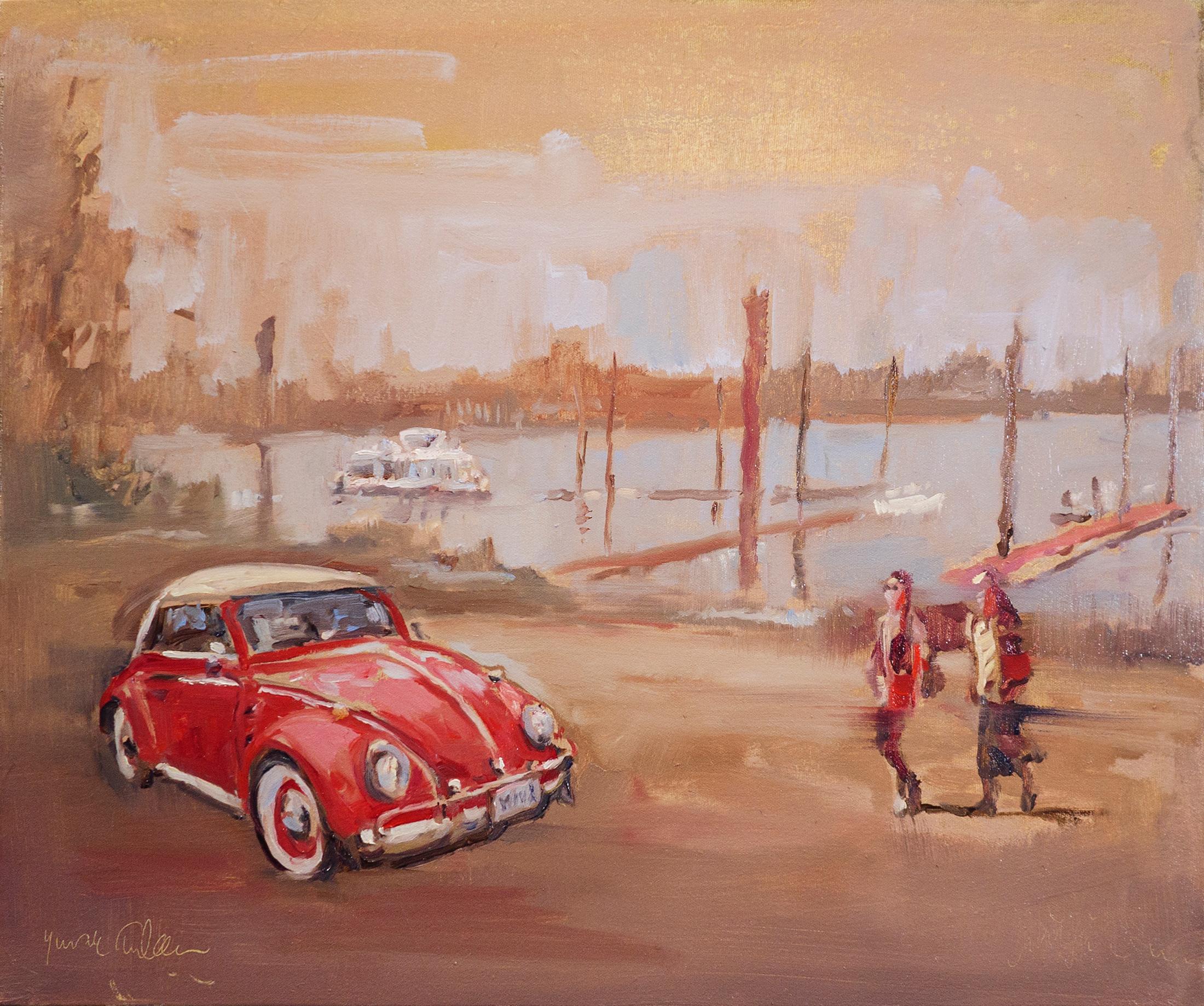 Red VW Bug in a Marina, Oil Painting - Art by Yuvak Tuladhar