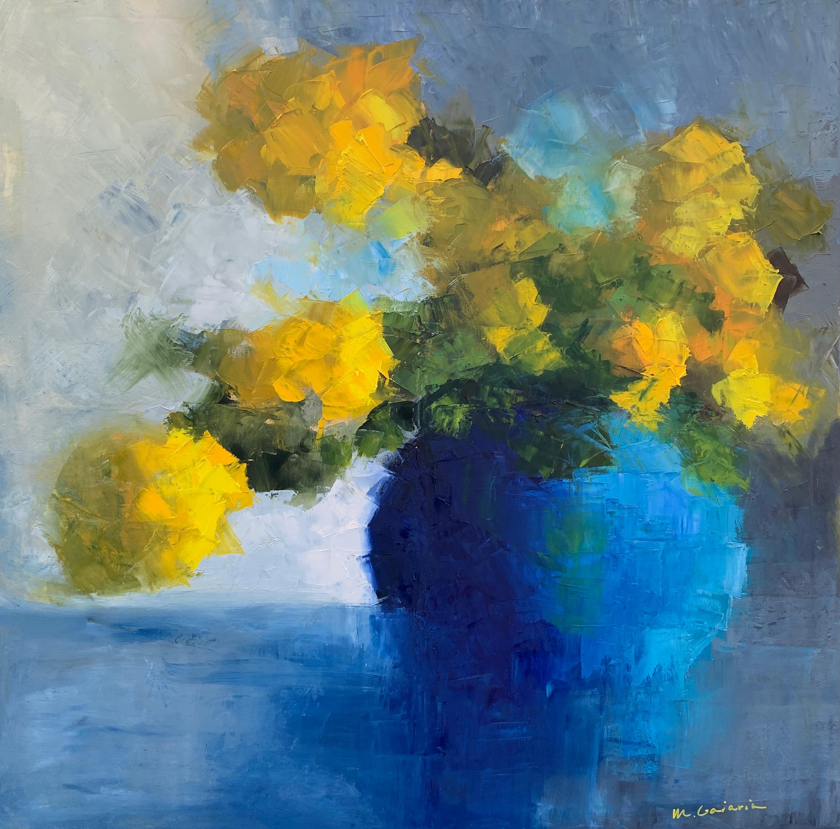 Mary Beth Gaiarin Still-Life Painting - Yellow Roses Abstracted, Oil Painting