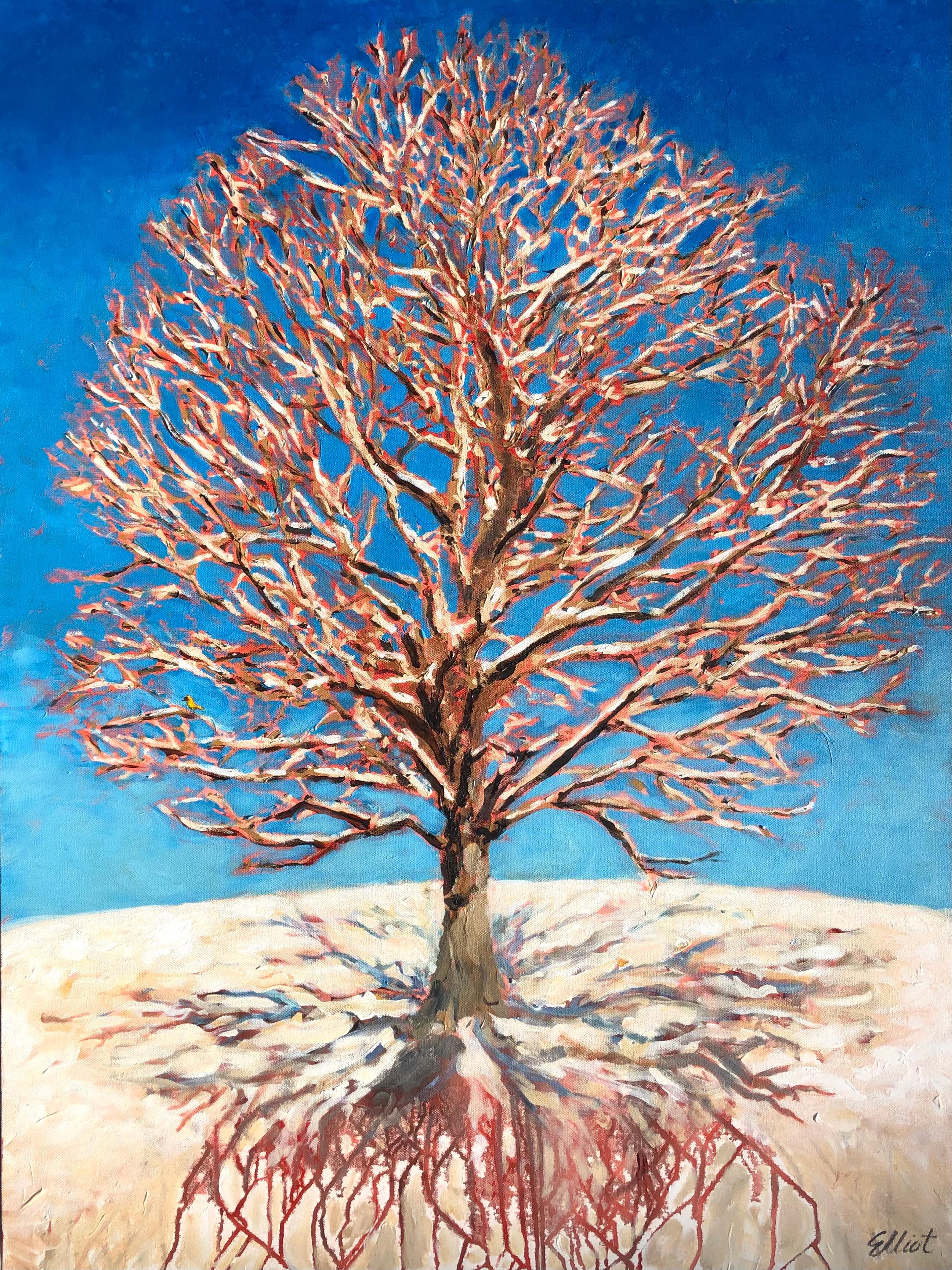 Oak Snow Shadows Roots, Original Painting - Art by Elliot Coatney