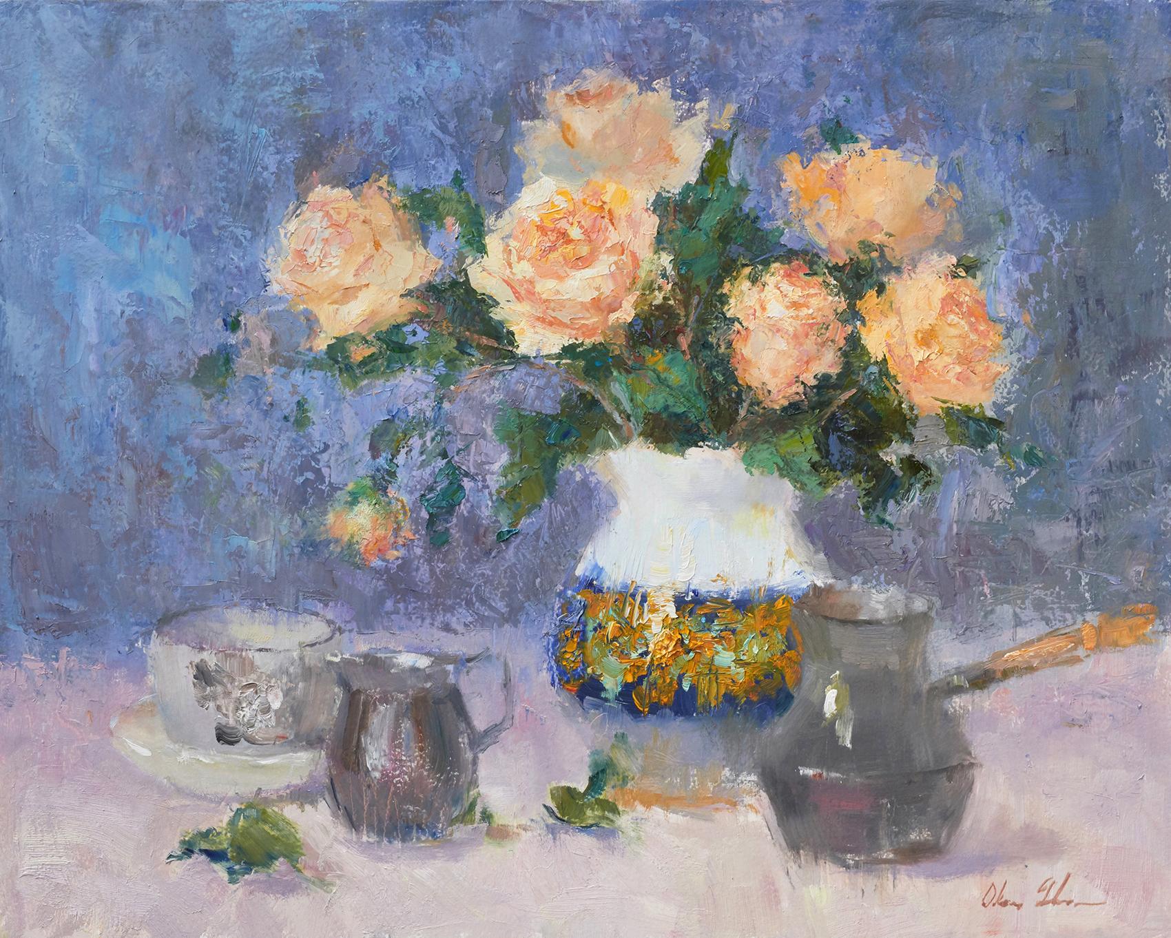 Yellow Roses and Italian Vase, Oil Painting