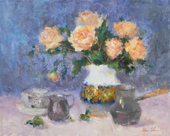 Vase italien de roses jaunes et de roses, peinture à l'huile
