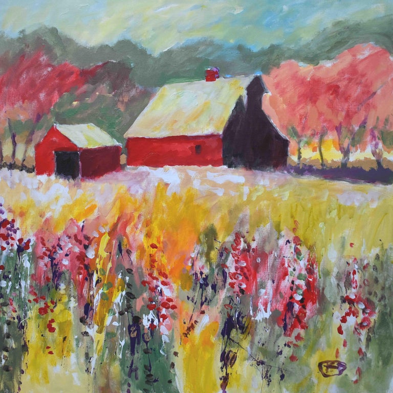 Kip Decker Landscape Painting - Red Barn near Orchard, Original Painting
