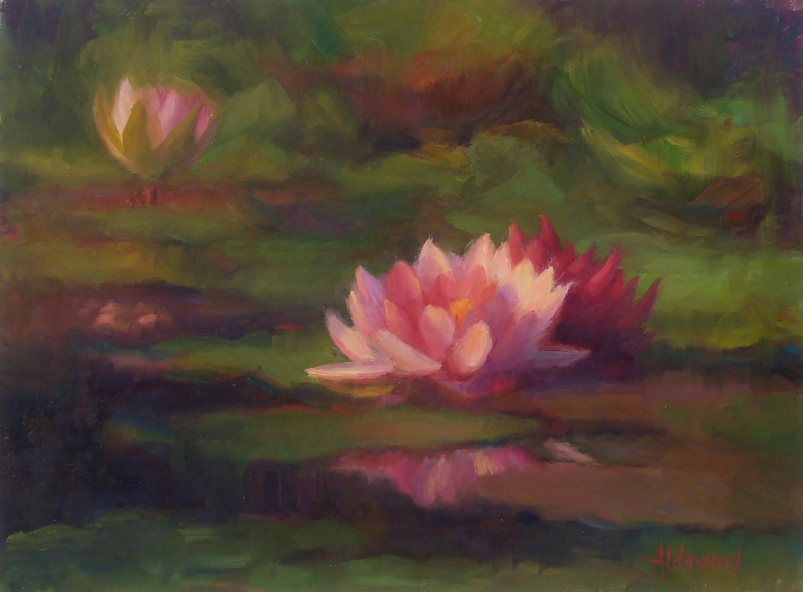 Sherri Aldawood Still-Life Painting - Three Water Lillies, Oil Painting