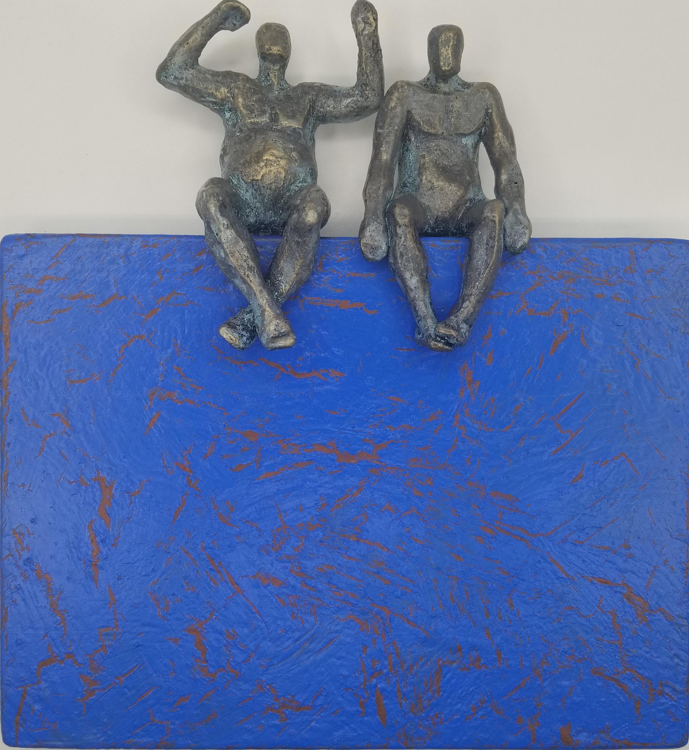 Peaceful Couple on Blue Base, Original Painting - Mixed Media Art by Yelitza Diaz