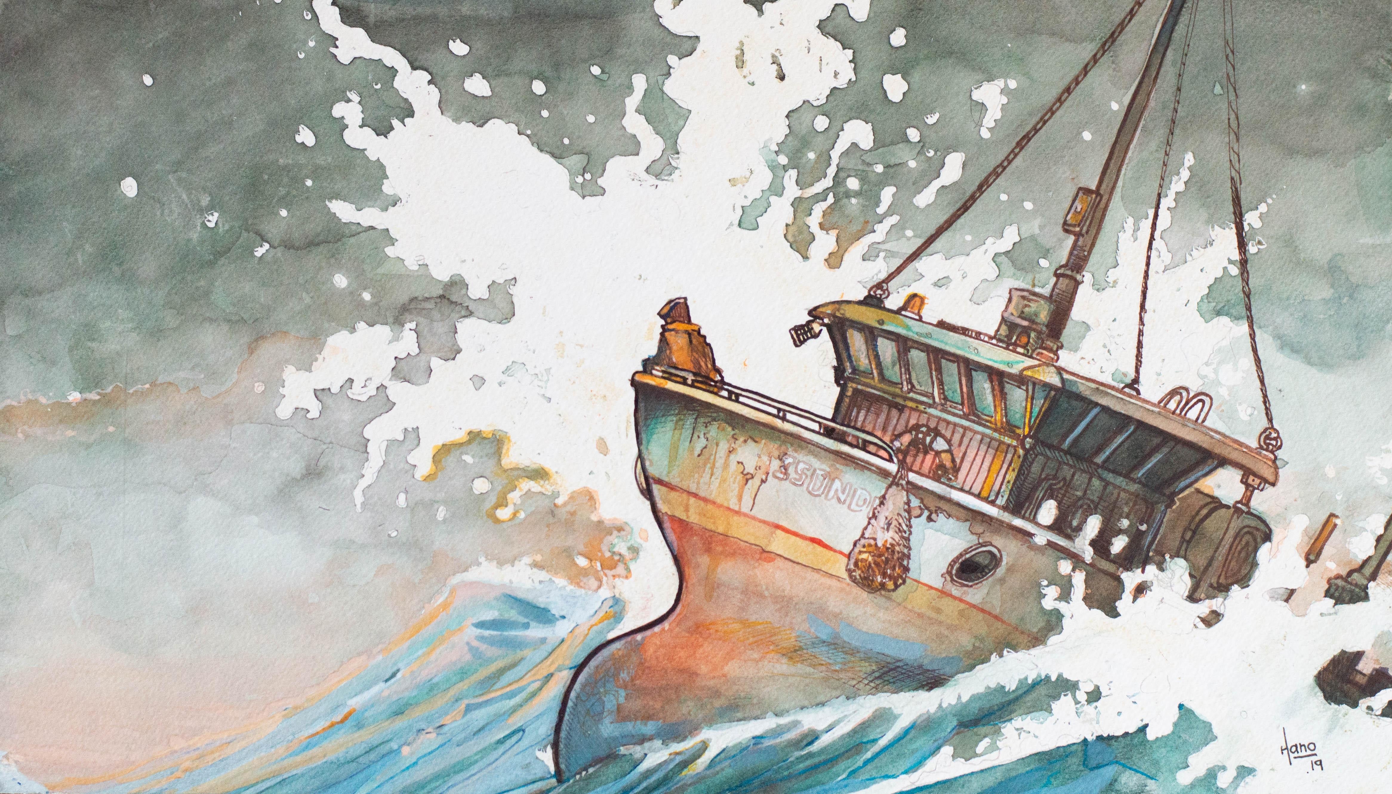 Fishing Boat, 3, Original Painting - Mixed Media Art by Hano Dercksen