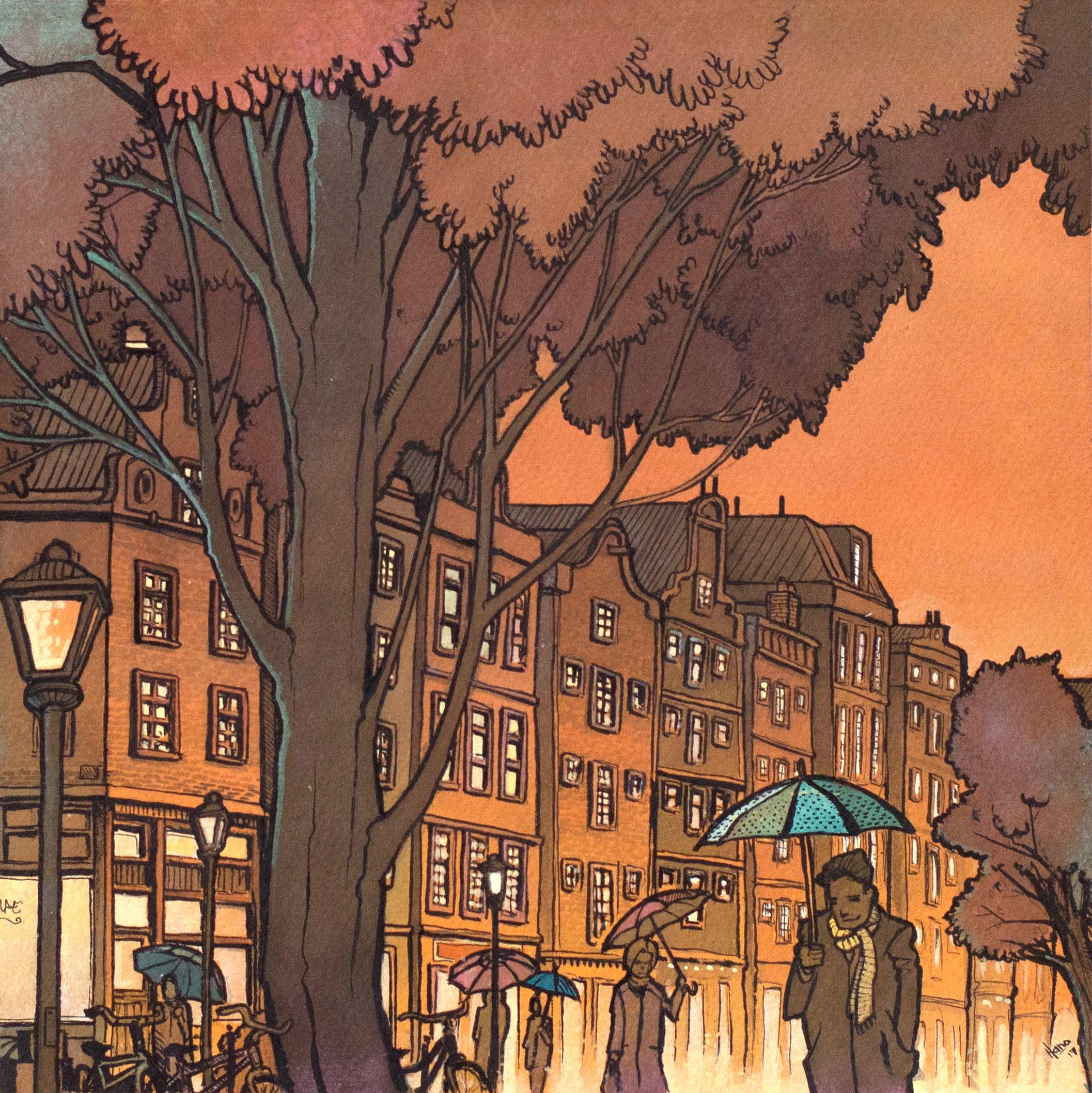 Amsterdam in the Rain, Original Painting - Mixed Media Art by Hano Dercksen