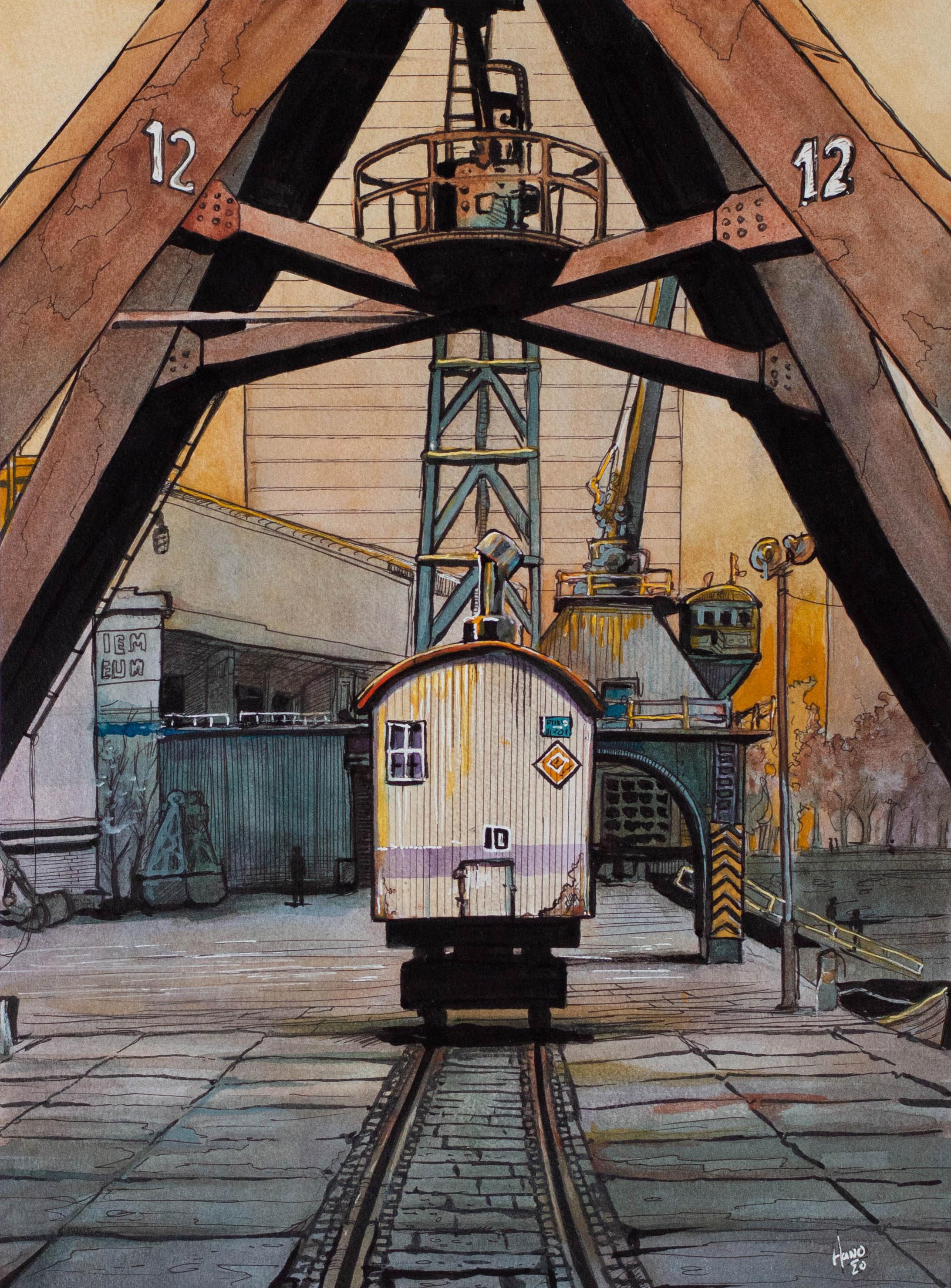 Rotterdam Harbor Freight Cart, Original Painting - Mixed Media Art by Hano Dercksen