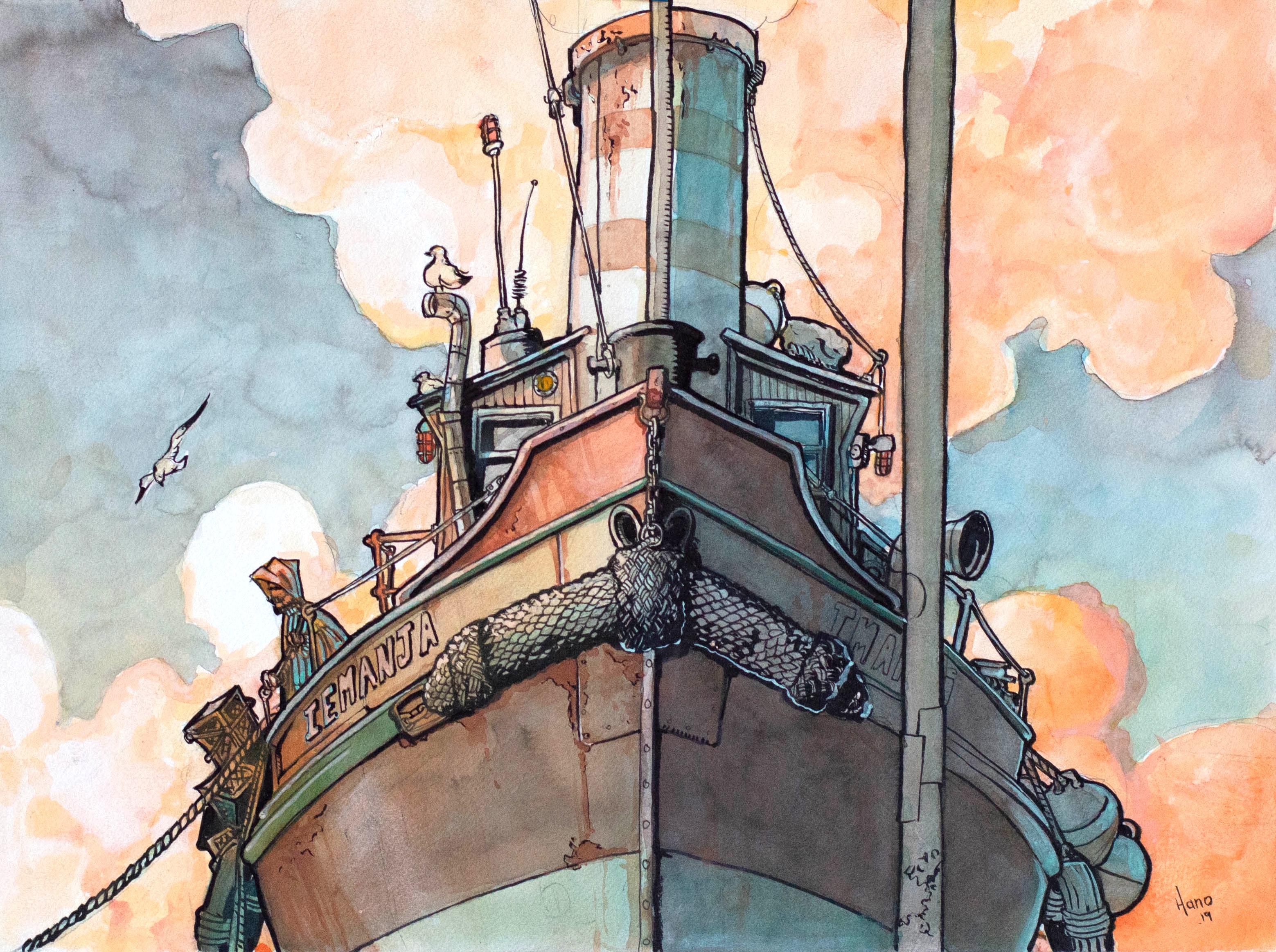 Harbor Boat, Rotterdam, Original Painting - Mixed Media Art by Hano Dercksen