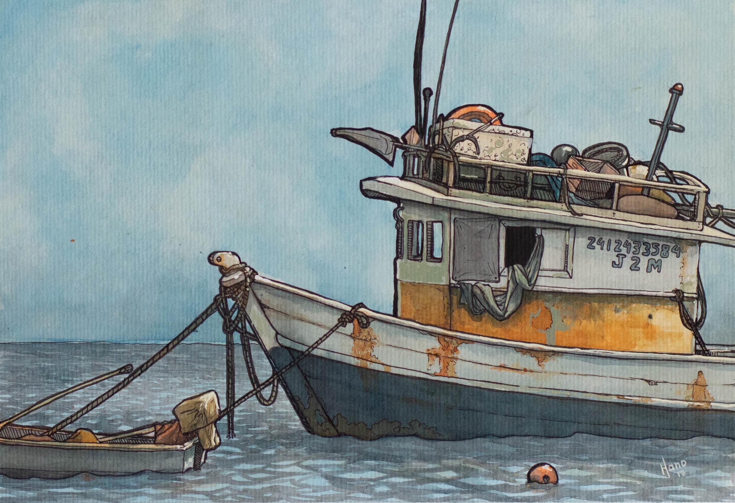 Fishing Boat, Brazil 1, Original Painting - Mixed Media Art by Hano Dercksen