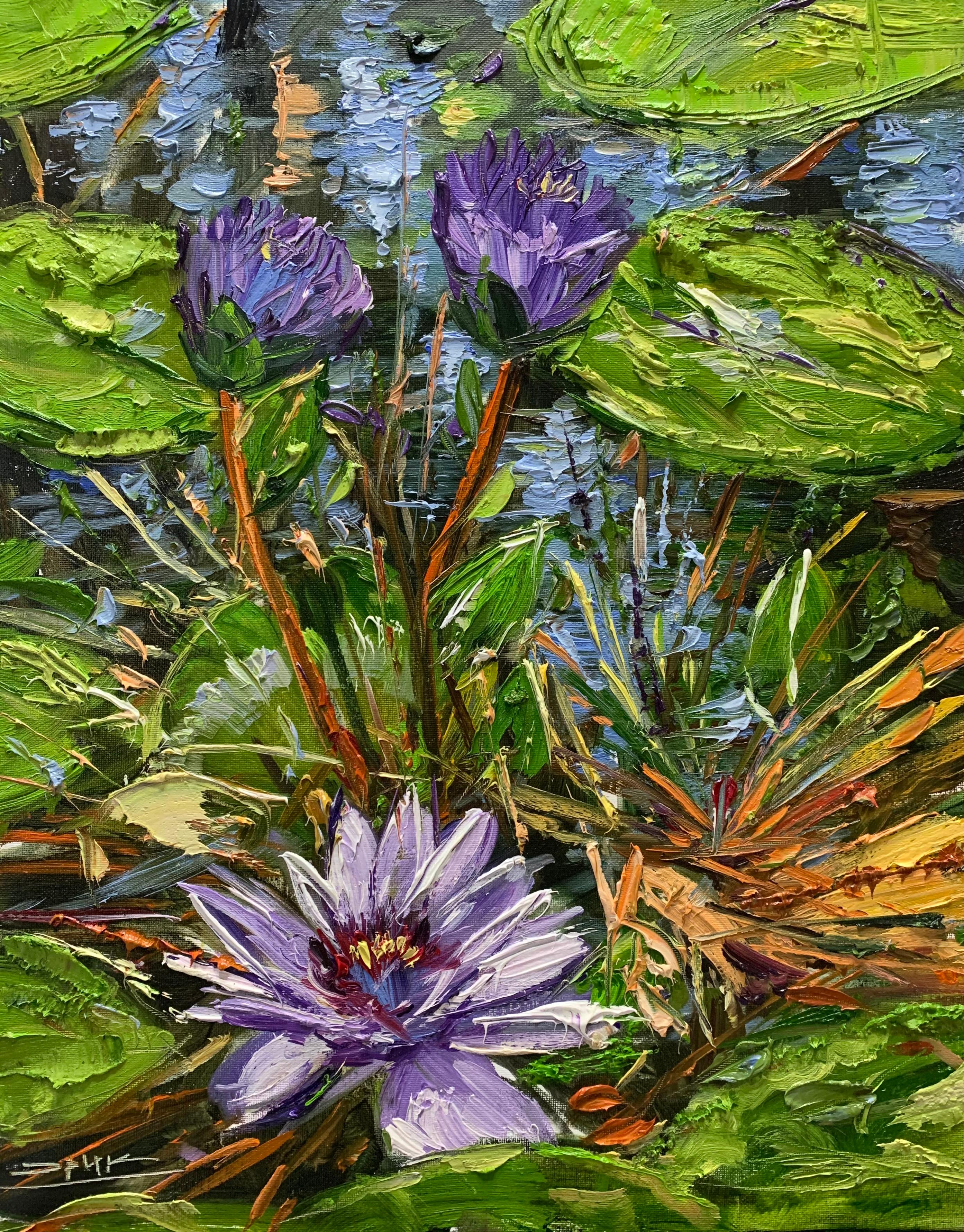 Three Violet Flowers, Oil Painting - Art by Eric Alfaro