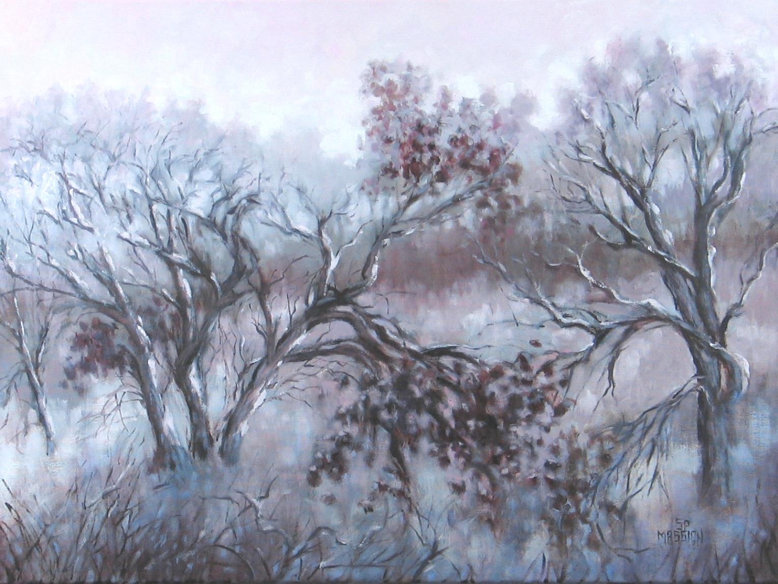 Landscape Painting de Suzanne Massion - Medley de roble congelado, Pintura al óleo