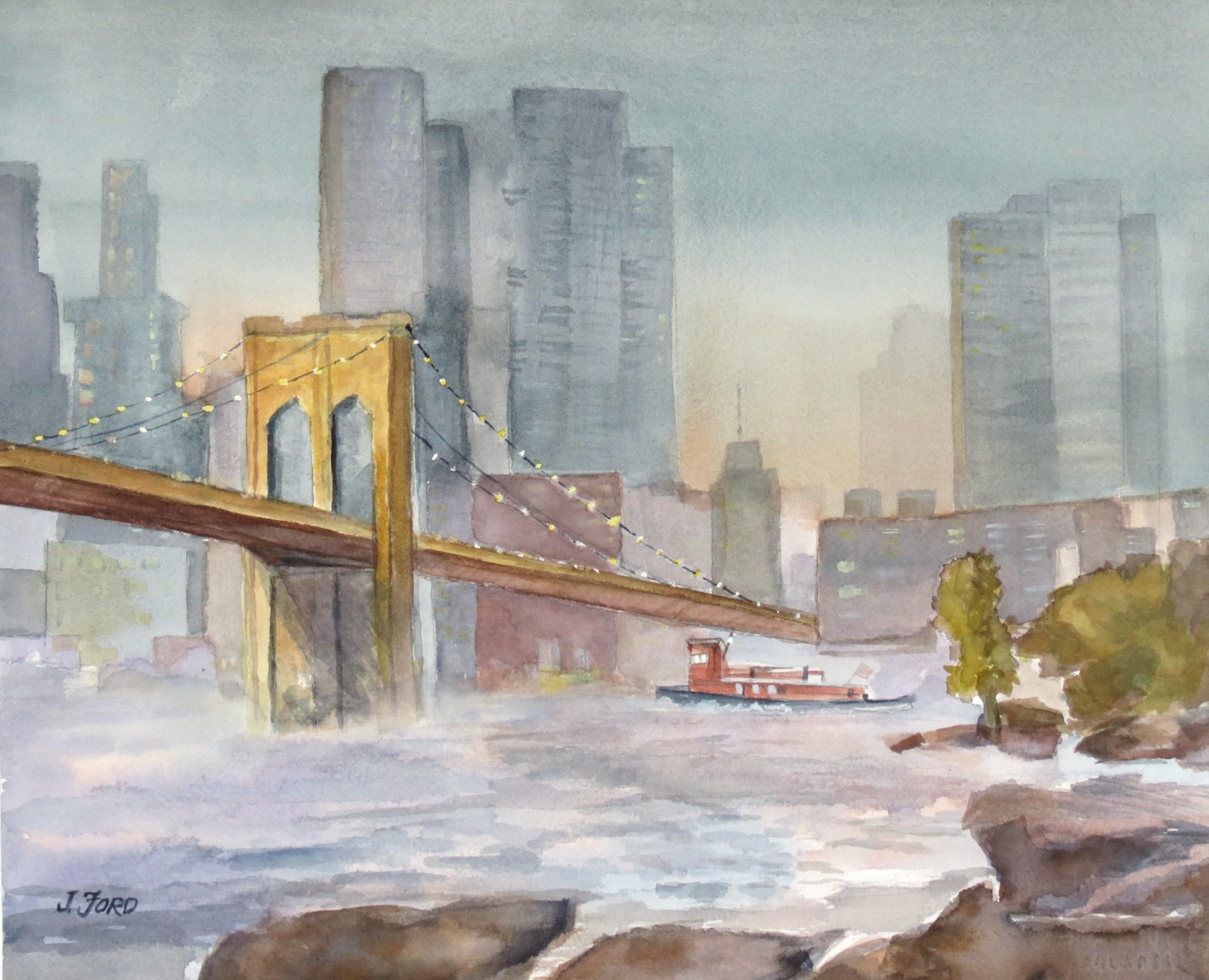 Joanie Ford Interior Art - Brooklyn Bridge at Dusk, Original Painting