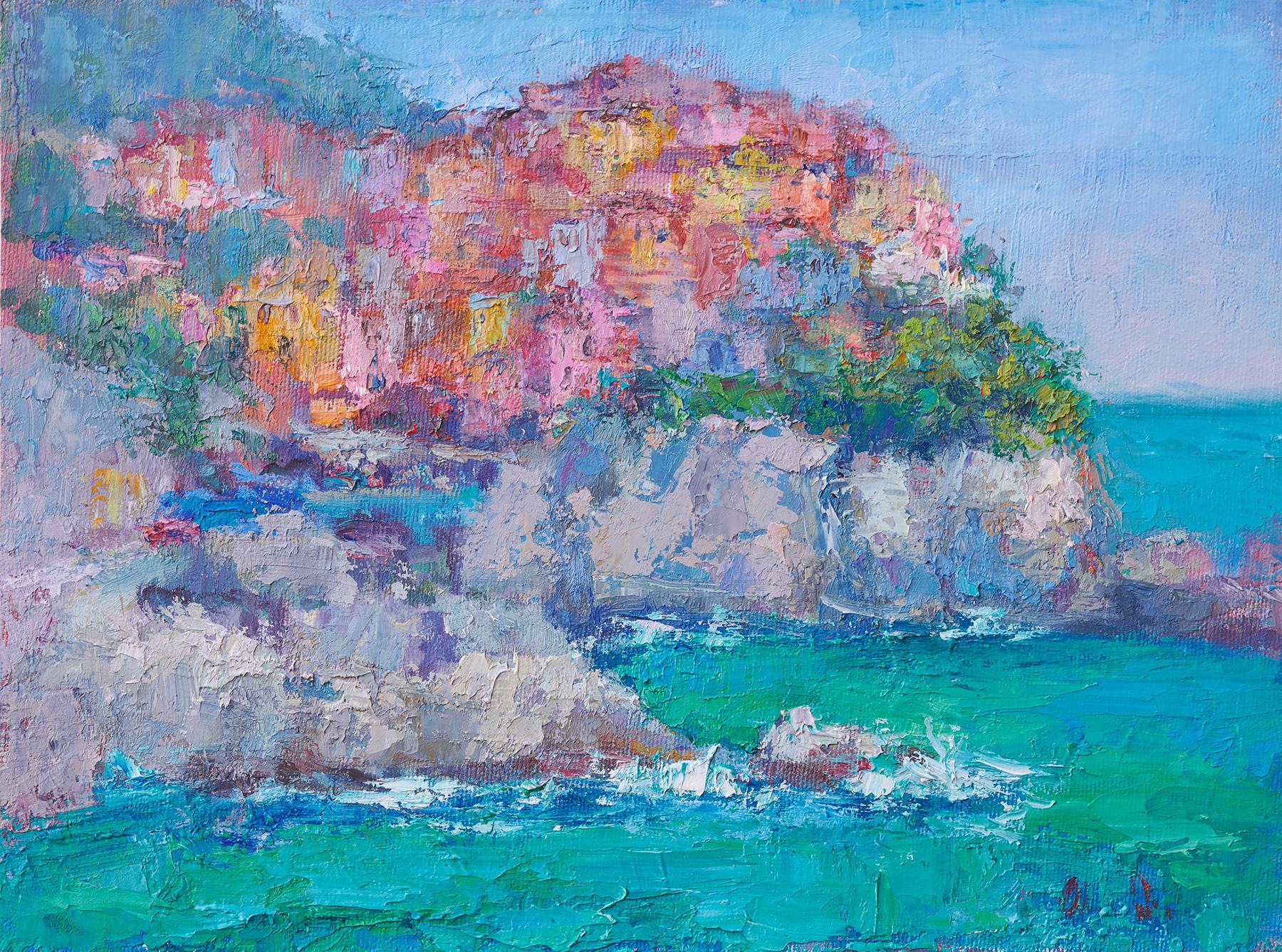 Landscape Painting Oksana Johnson - Le Village au bord de la mer, peinture à l'huile