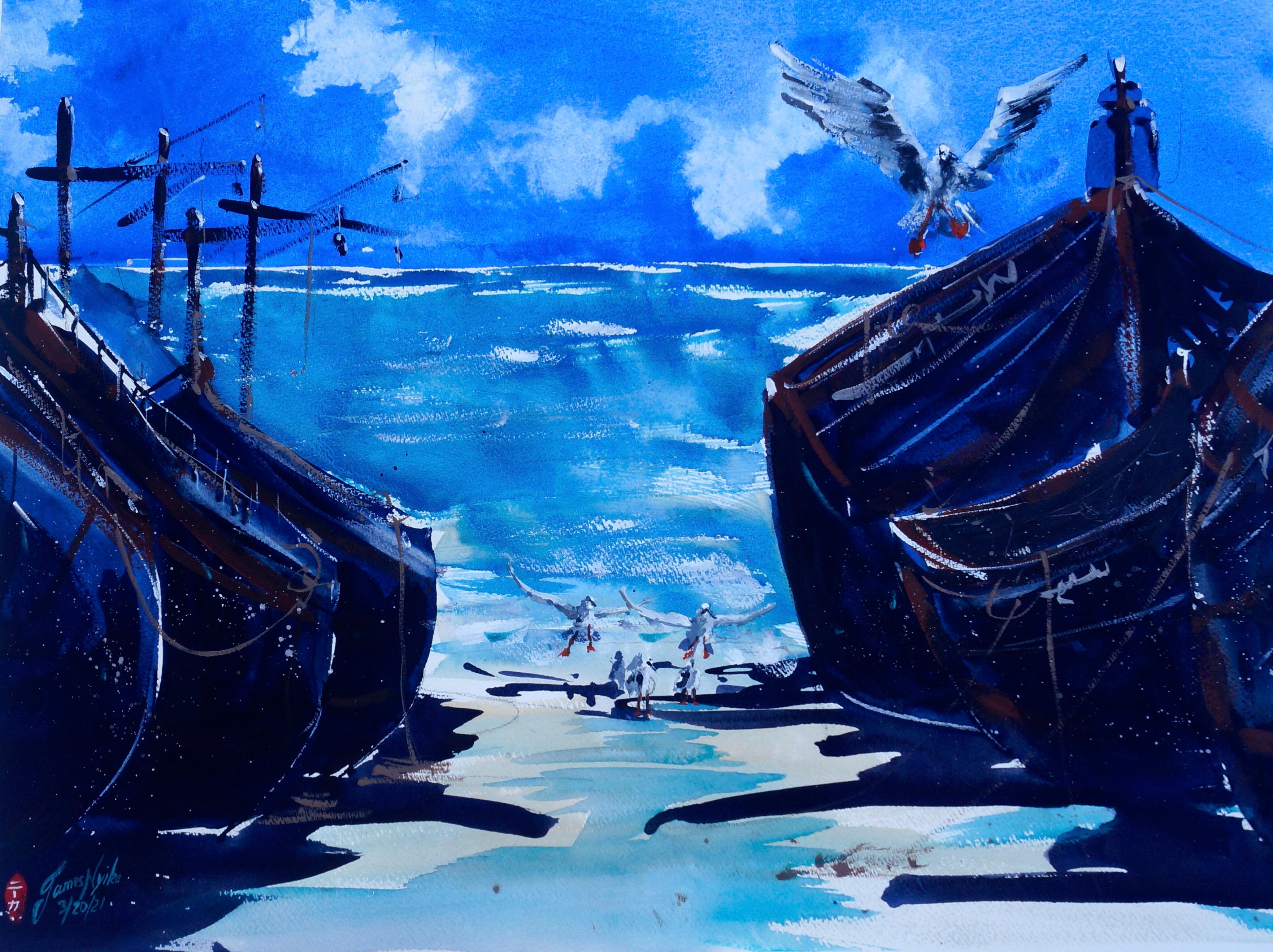 Beached Fishing Boats, Morocco, Original Painting - Art by James Nyika