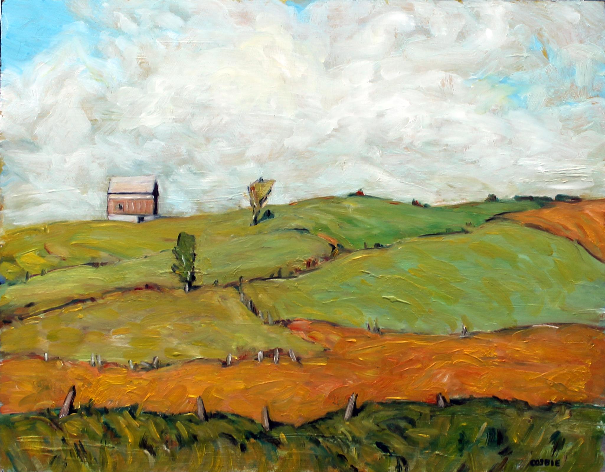 Fields and Barn, Homer, NY, peinture à l'huile - Art de Doug Cosbie
