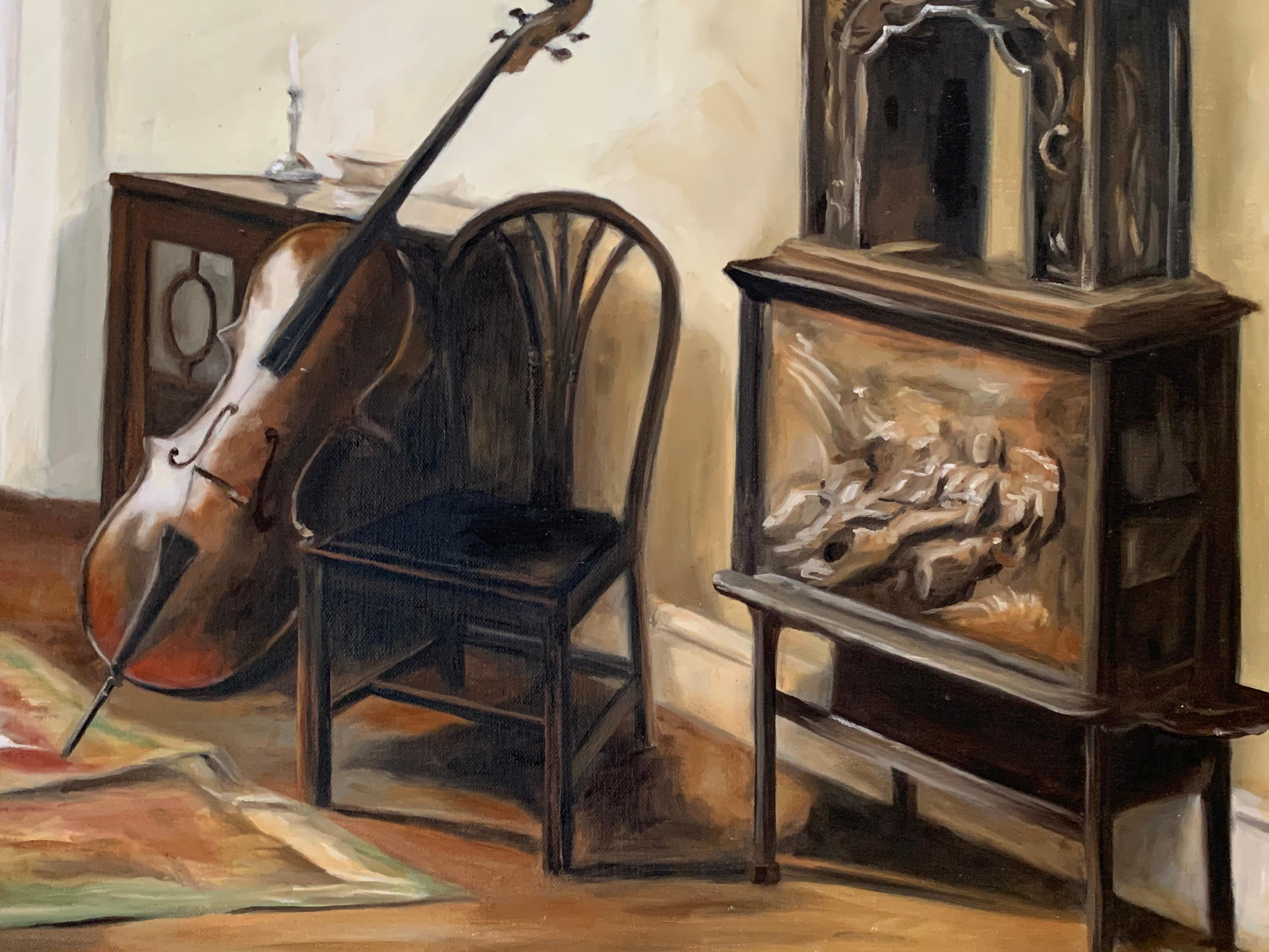 Interior with a Cello, Oil Painting - Art by Debbie Daniels