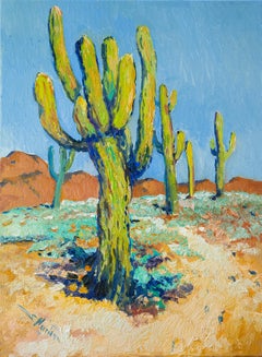 Saguaro Cactus in Arizona Desert, Oil Painting