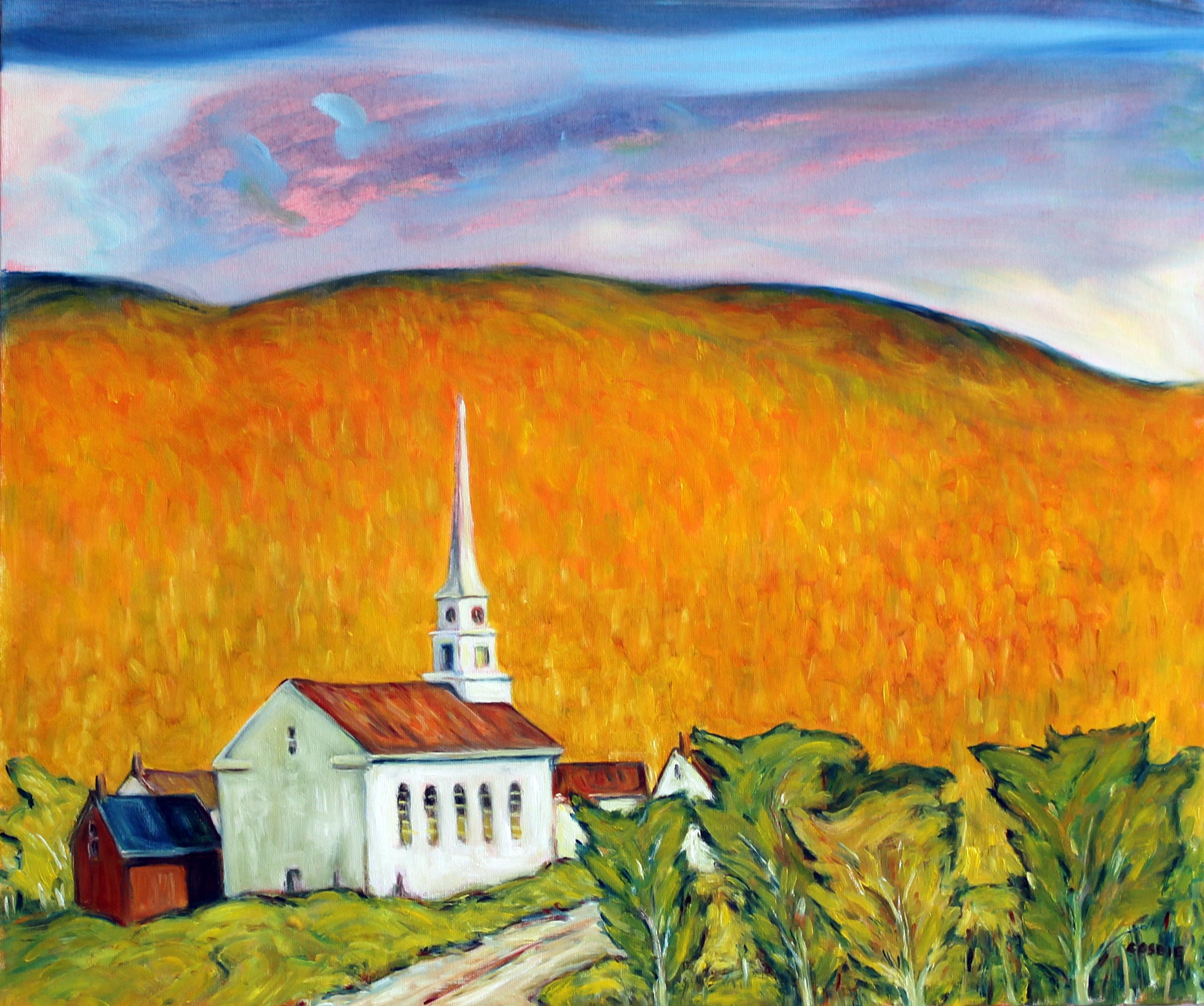 Evening, Stowe Community Church, Vermont, Oil Painting