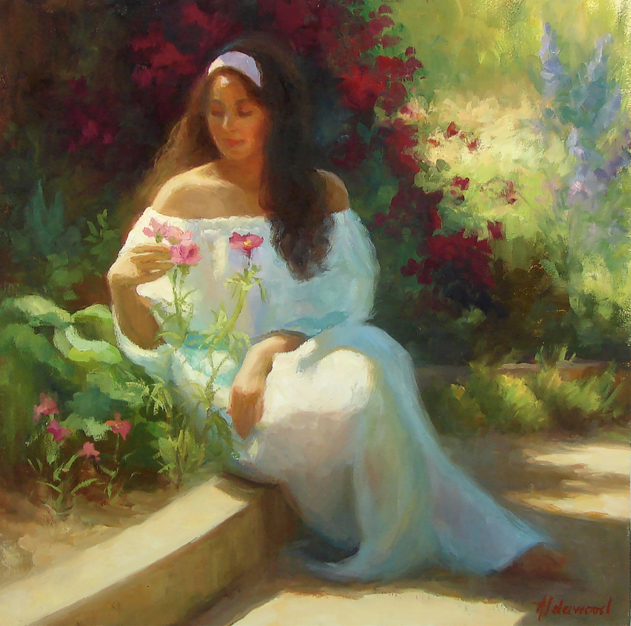 Sherri Aldawood Figurative Painting - Alana in the Flower Garden, Oil Painting