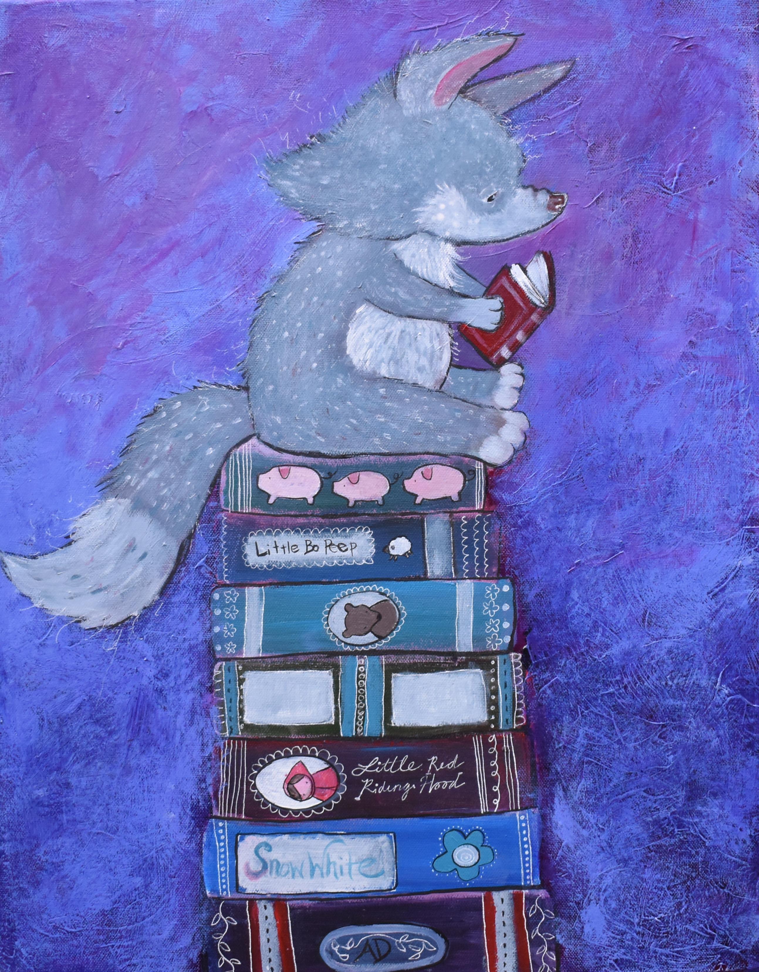 Andrea Doss Animal Painting - The Wolf's Reading List, Original Painting