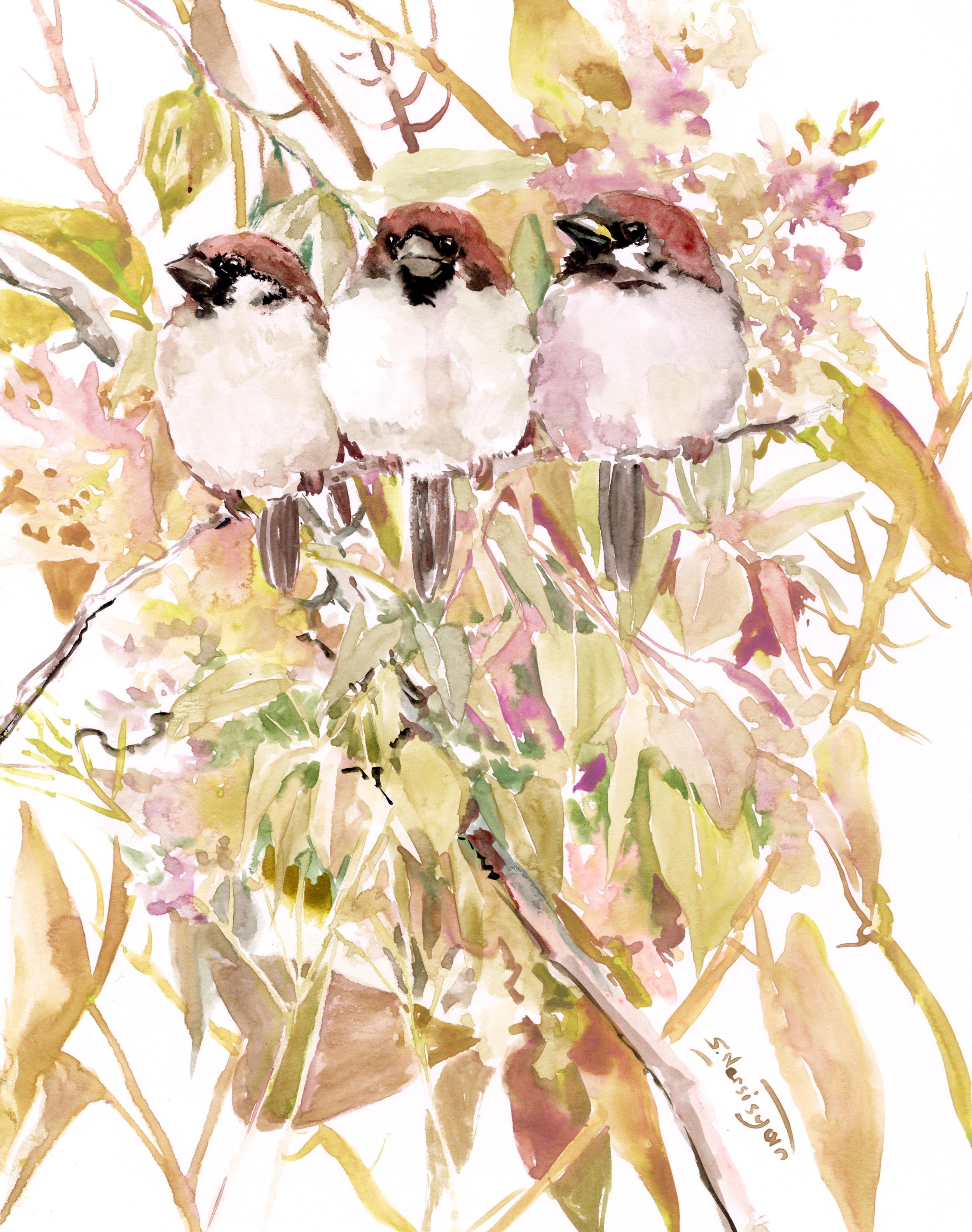 Sparrows on the Tree, Soft Shades, Original Painting - Art by Suren Nersisyan