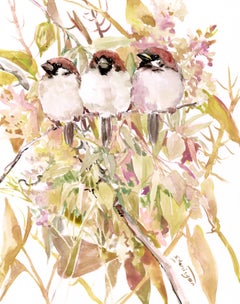 Sparrows on the Tree, Soft Shades, Original Painting