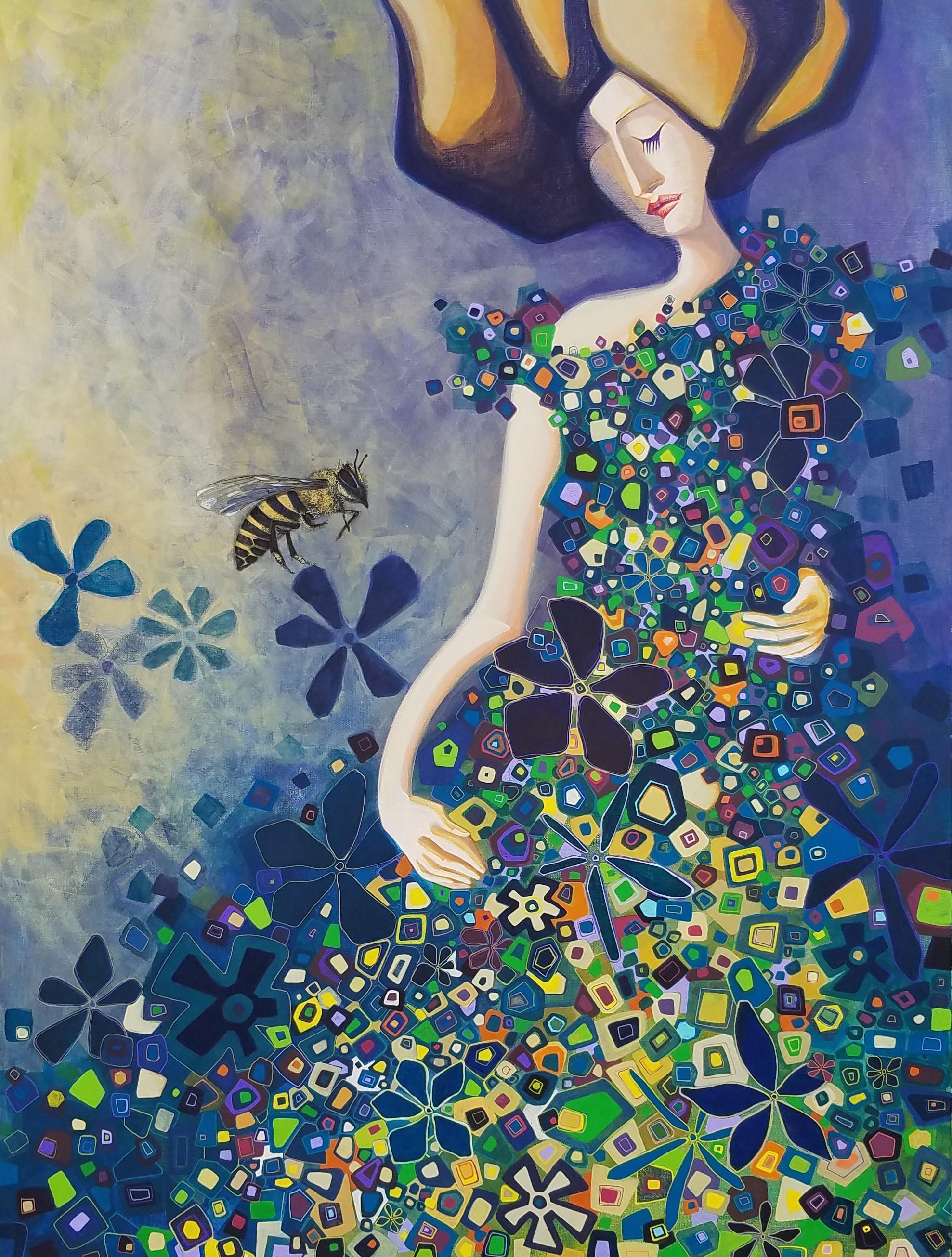 Diana Elena Chelaru Figurative Painting - The Walk in the Field of Flowers, Original Painting