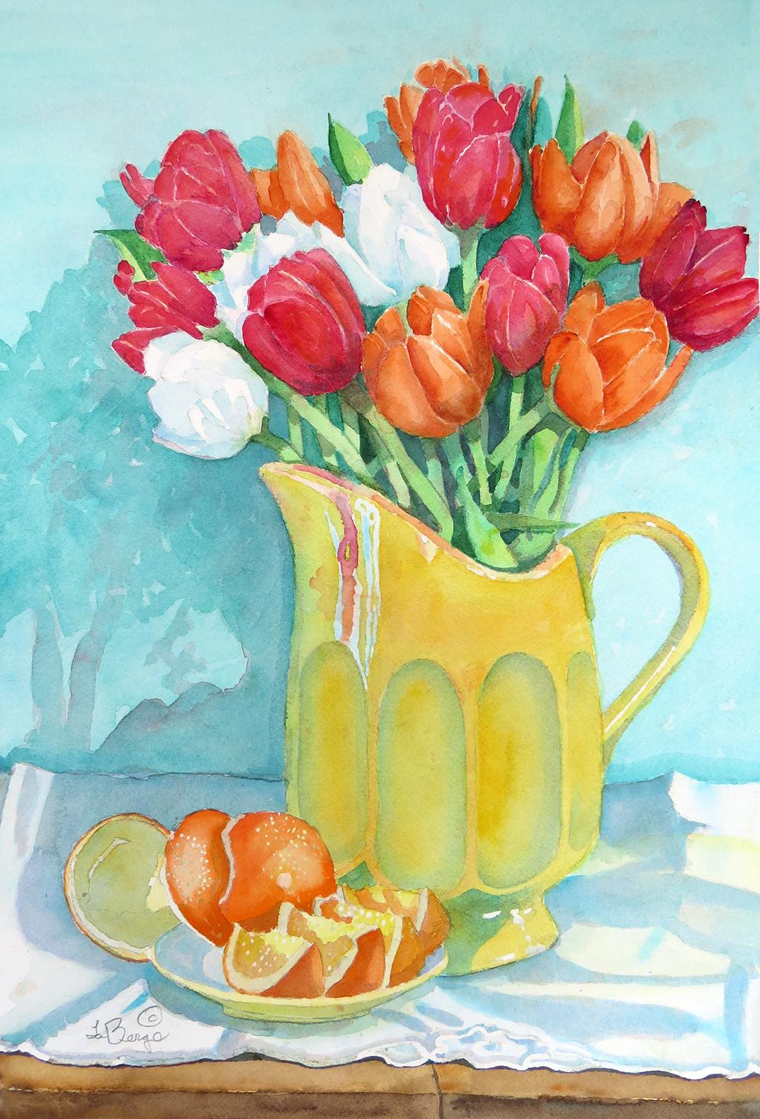 Red Tulips on Turquoise, Original Painting - Art by Nancy LaBerge Muren