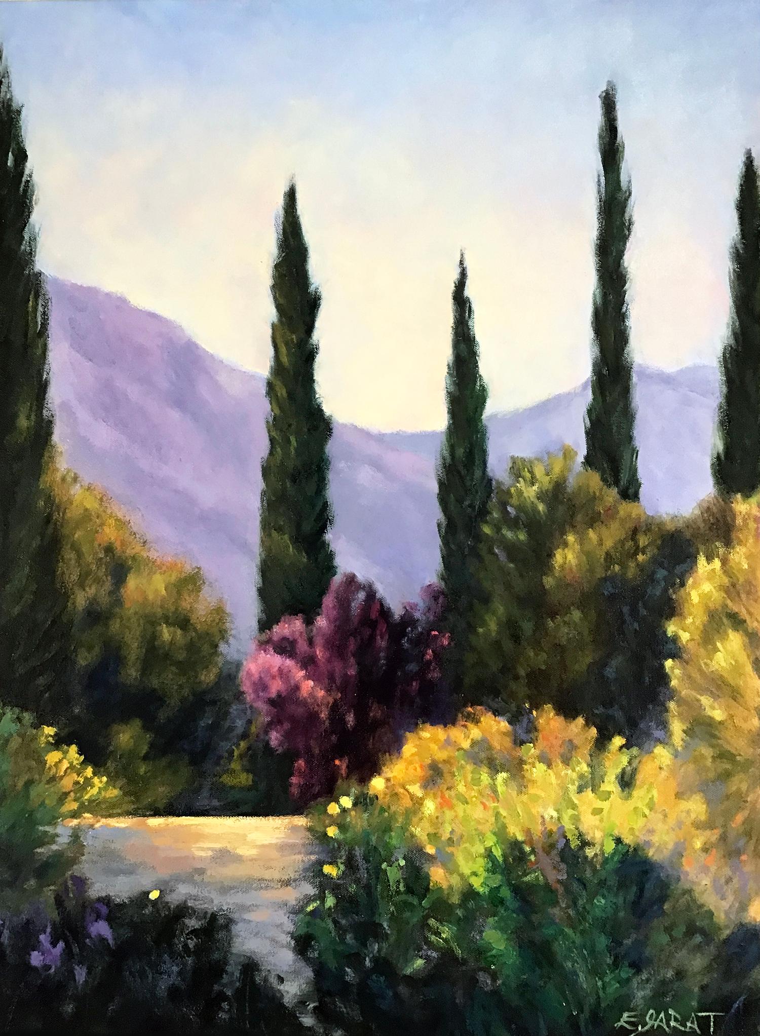 Elizabeth Garat Landscape Painting - Garden Vista, Cypresses and Plum, Oil Painting