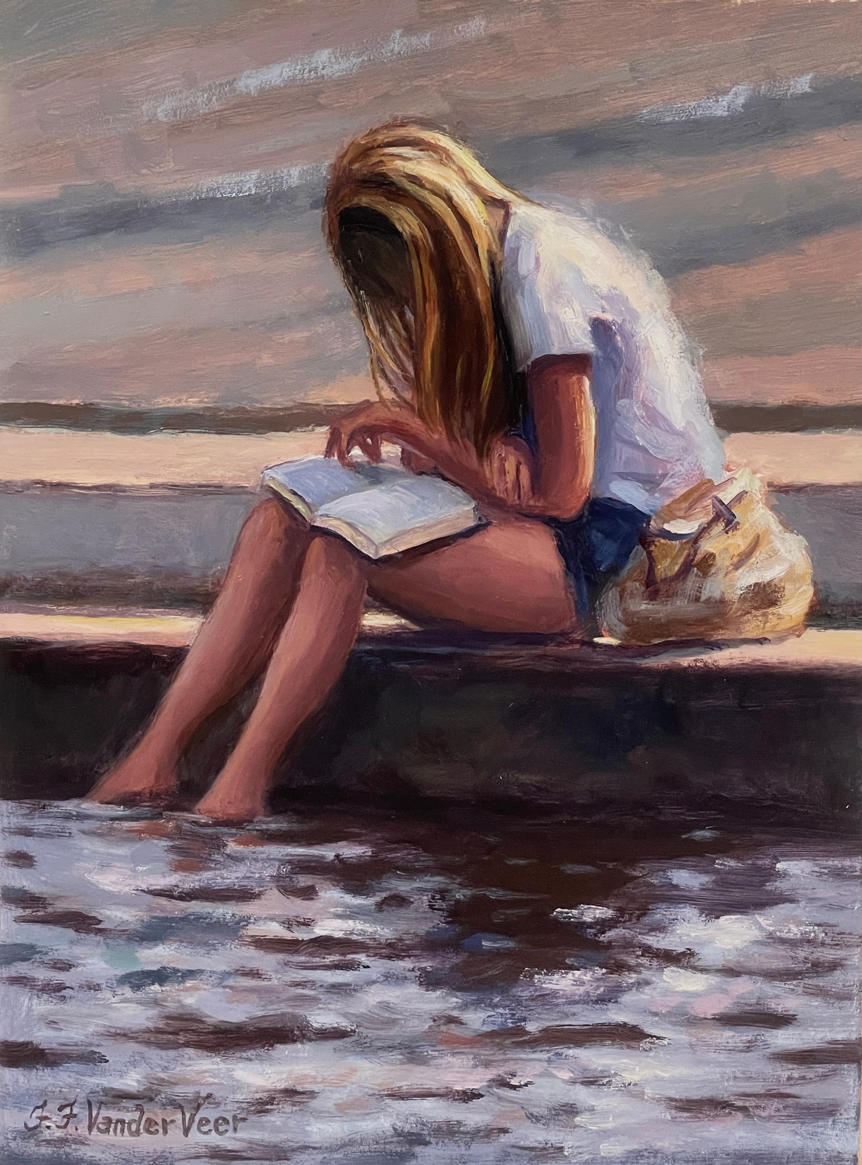 Faye Vander Veer Figurative Painting - Young Girl Reading, Oil Painting