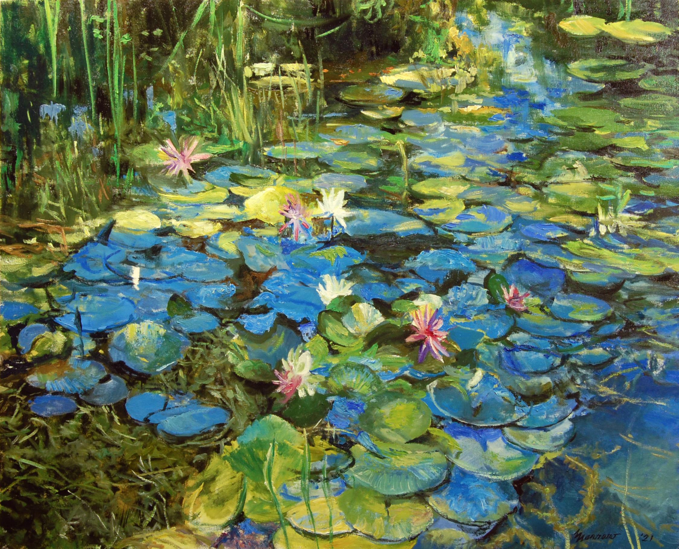 Mixed Water Lilies Spotted Sunlight, Oil Painting