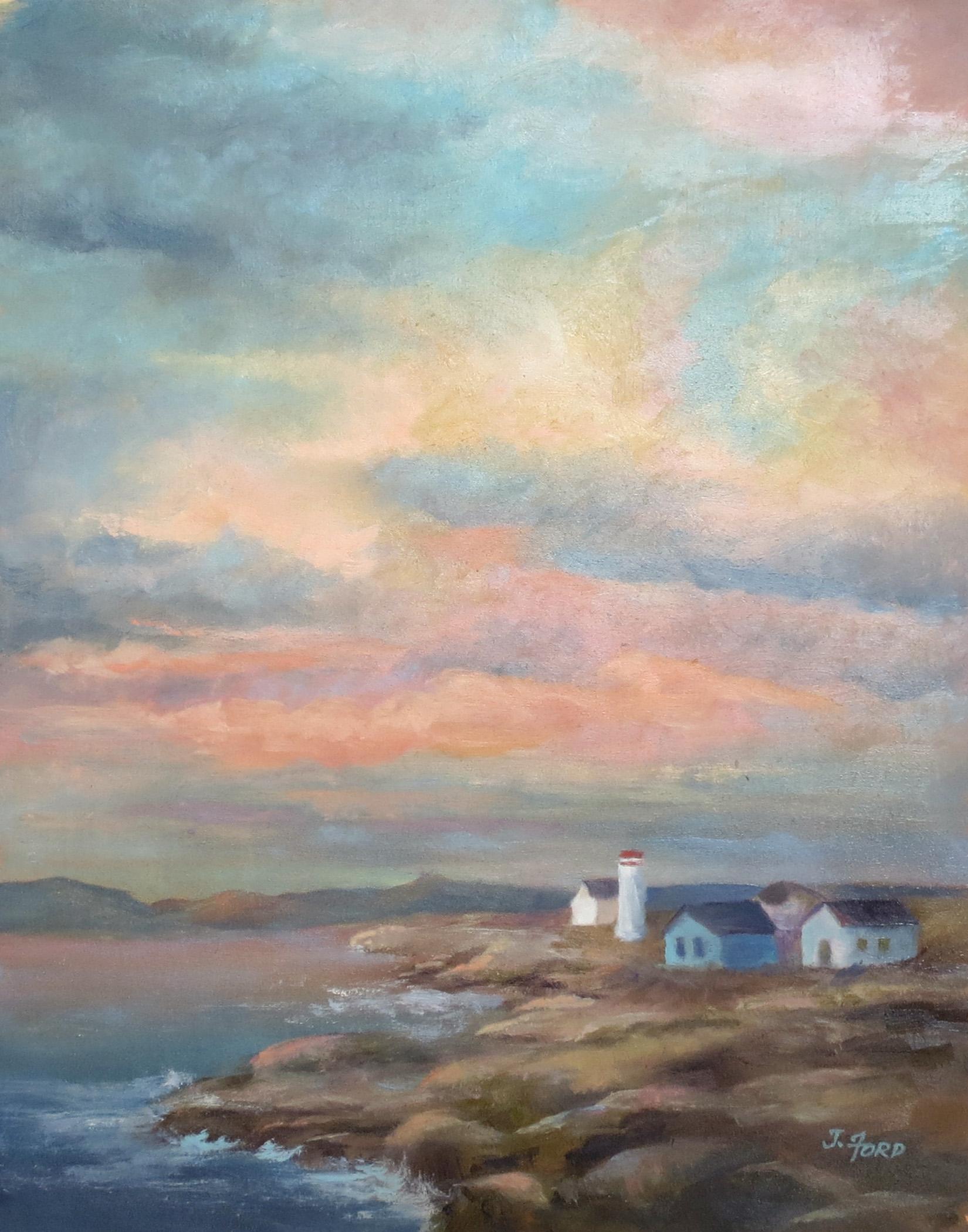 Colorful Sky over Rocky Coast, Oil Painting