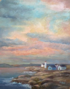 Colorful Sky over Rocky Coast, Oil Painting