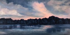 Lake at Twilight, Coral and Indigo, Oil Painting