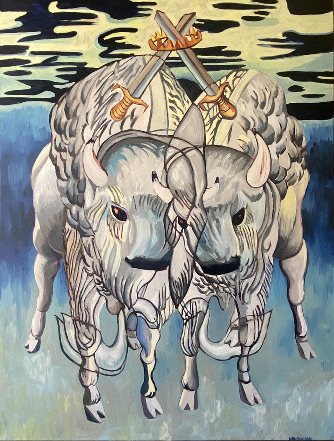 Bison câlin : Deux épées, peinture à l'huile - Art de Rachel Srinivasan