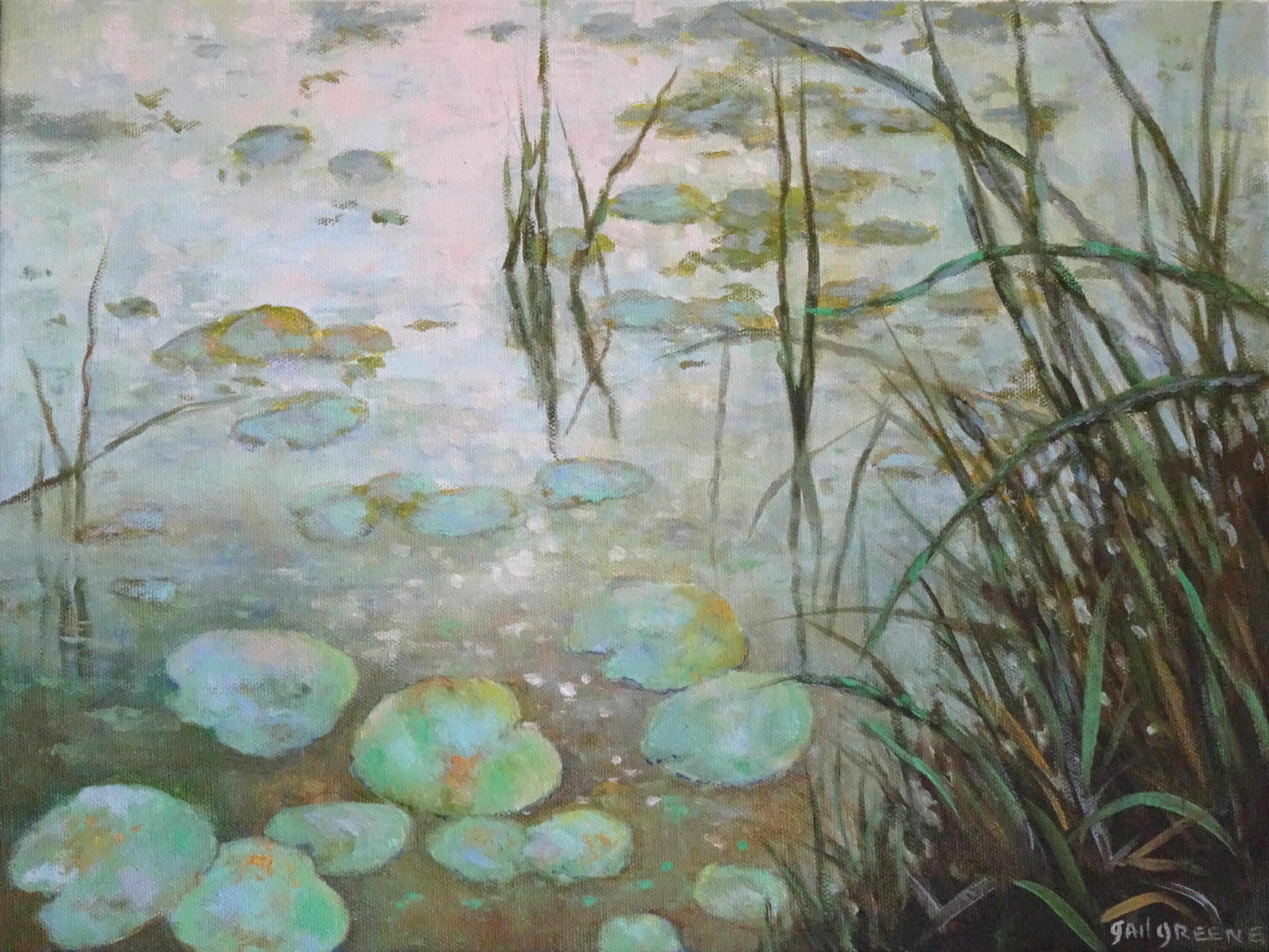 Landscape Painting Gail Greene - Peinture à l'huile « Waterlilies at Dawn » (aquarelles au matin)