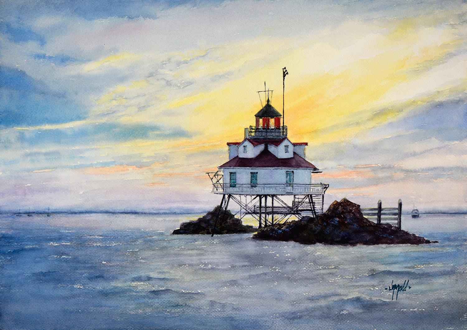 Thomas Point Shoal Lighthouse, Original Painting - Art by Judy Mudd