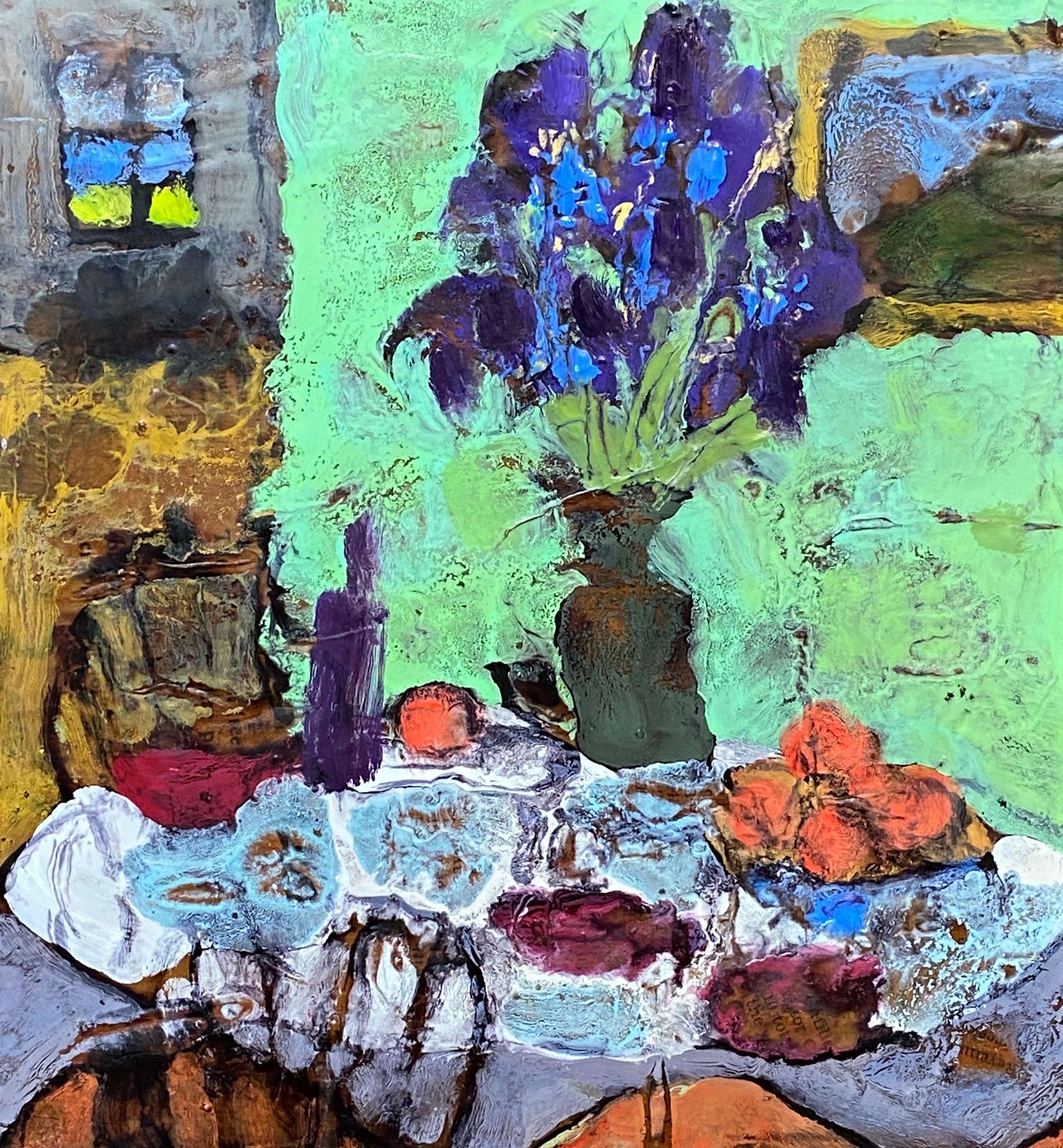 Table avec Irises, peinture d'origine - Art de James Hartman