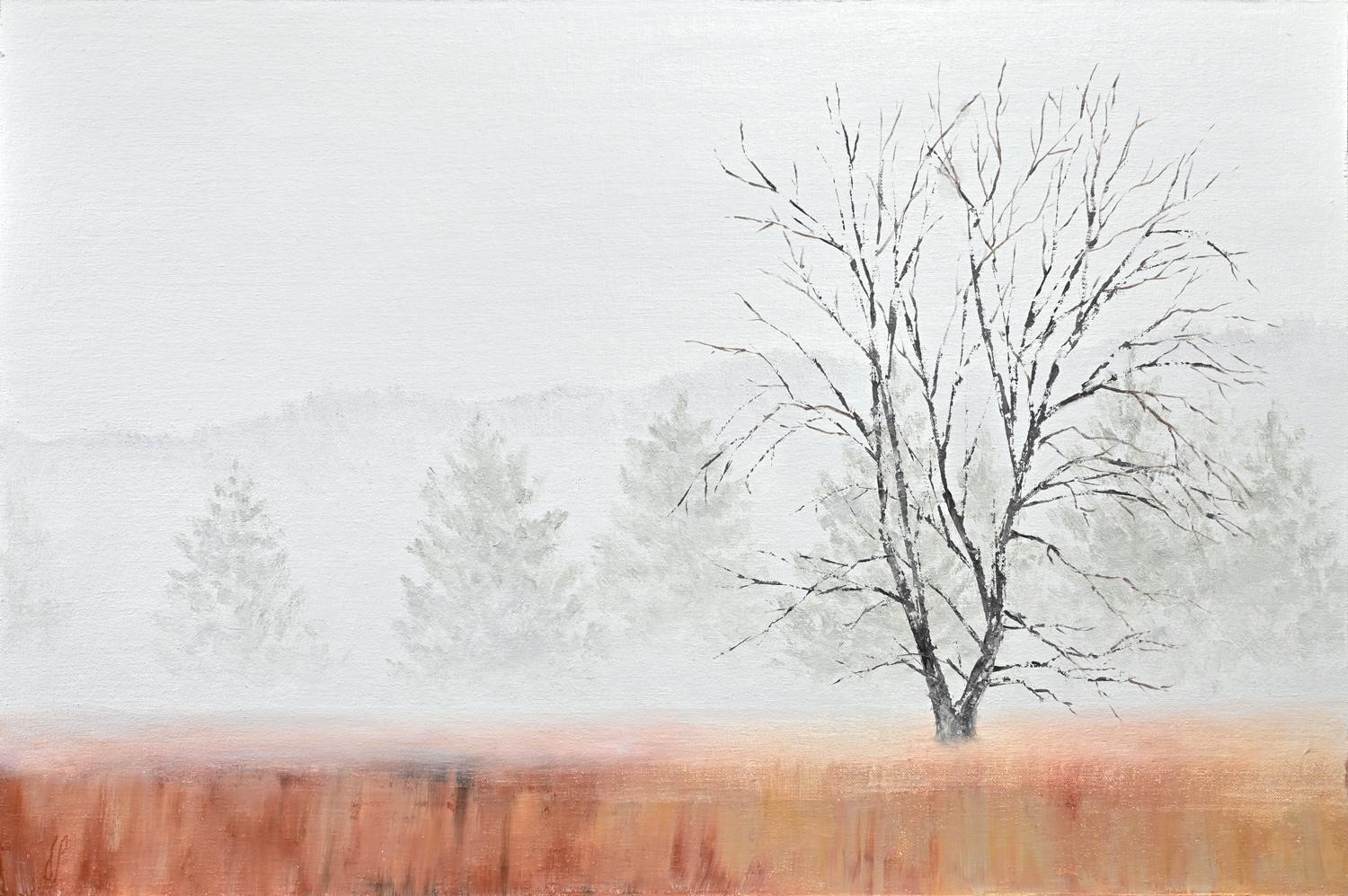 Jill Poyerd Landscape Painting - Winter Tree with Reds, Oil Painting