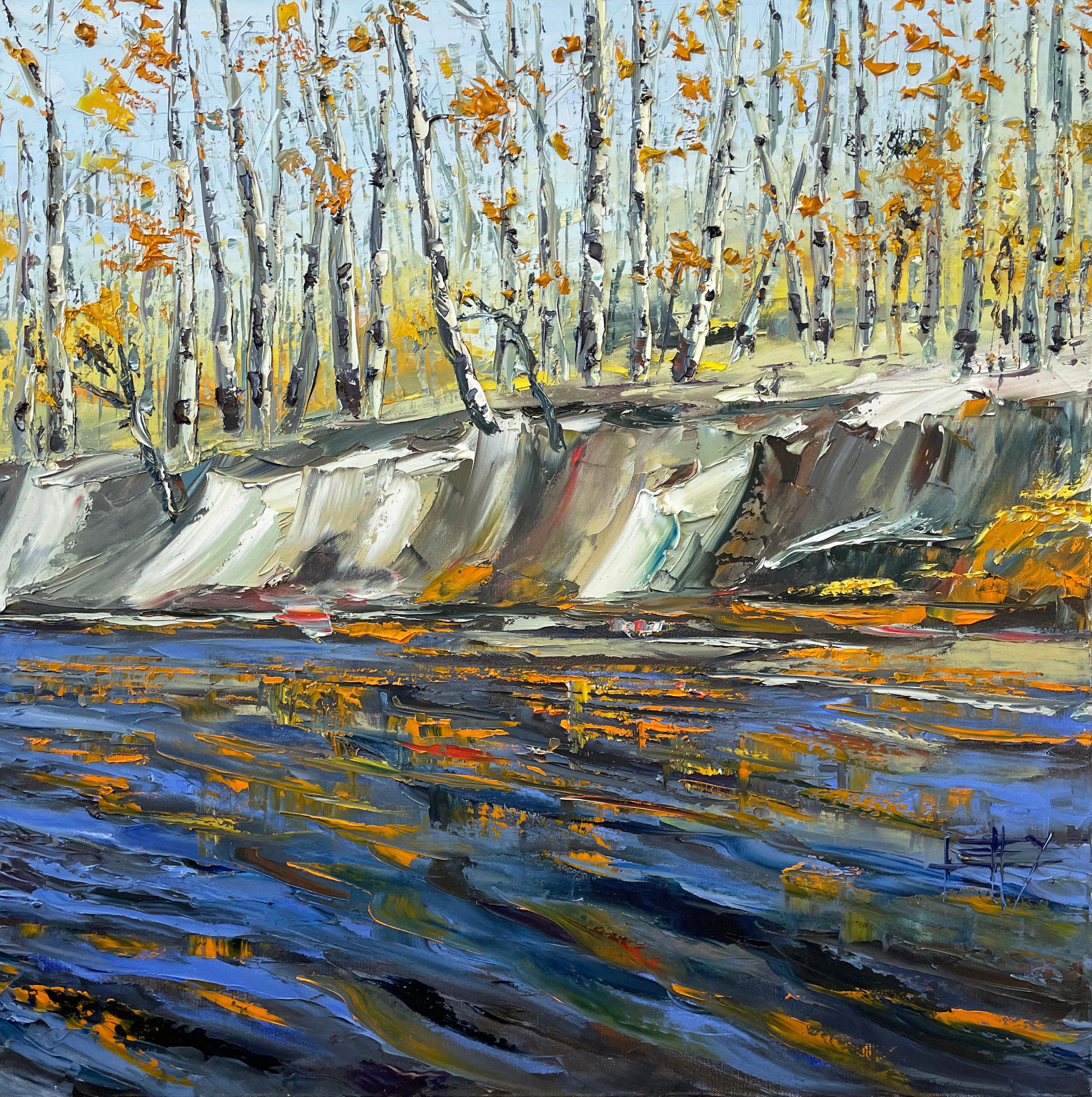 Landscape Painting Lisa Elley - Peinture à l'huile de la rivière Aspen