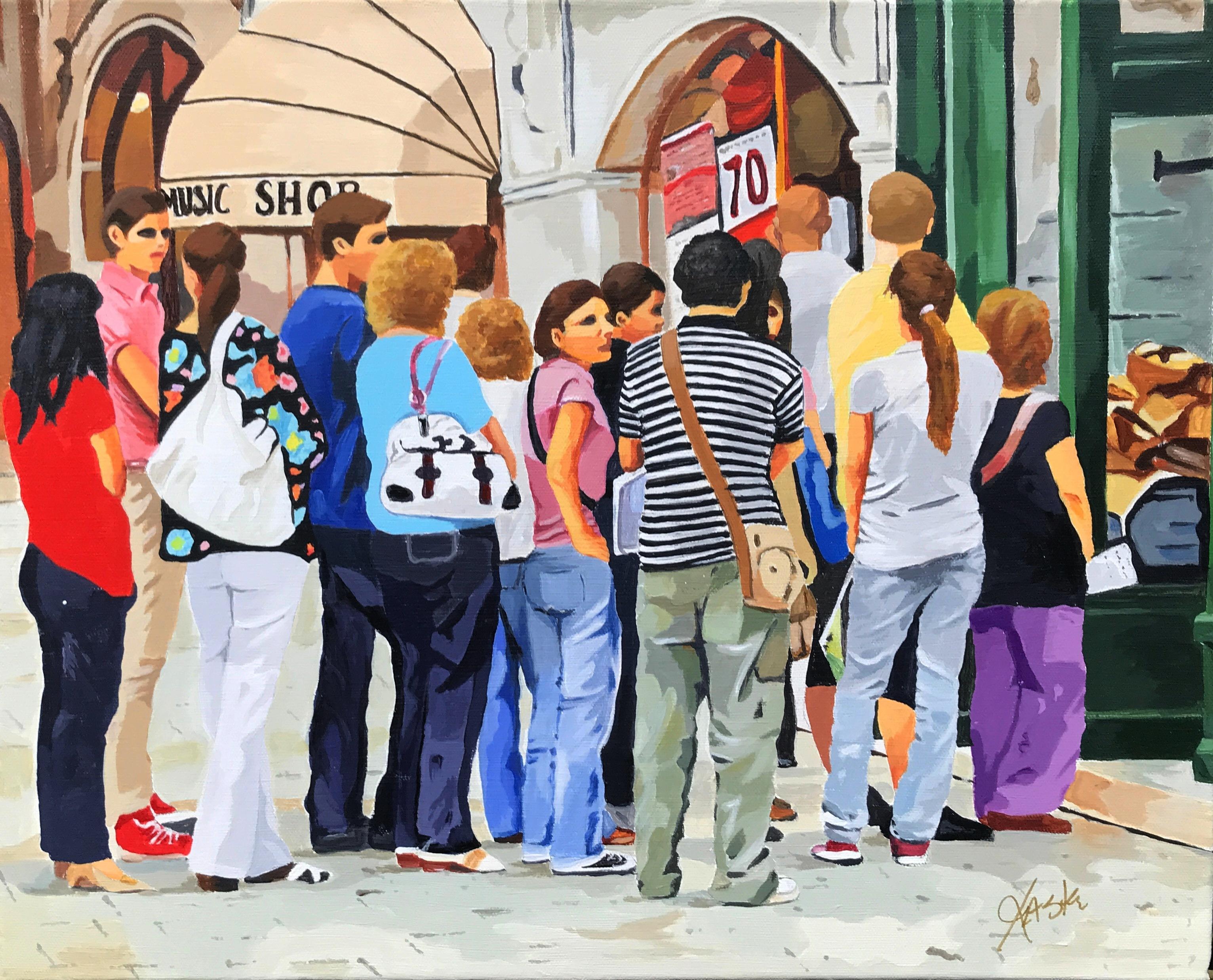 John Jaster Figurative Painting - Standing in Line, Original Painting