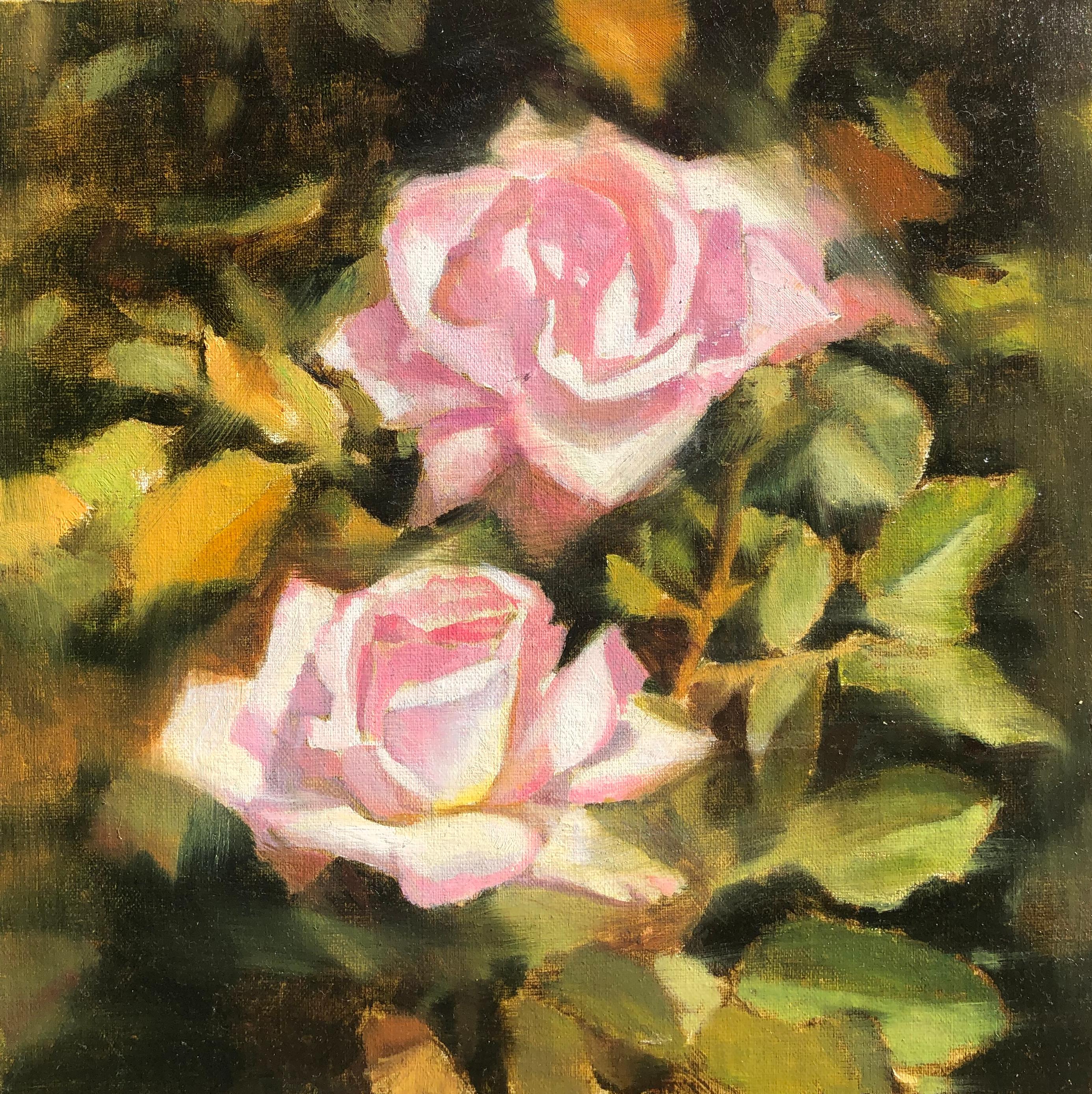 Hilary Gomes Still-Life Painting - Two Light Pink Roses, Oil Painting