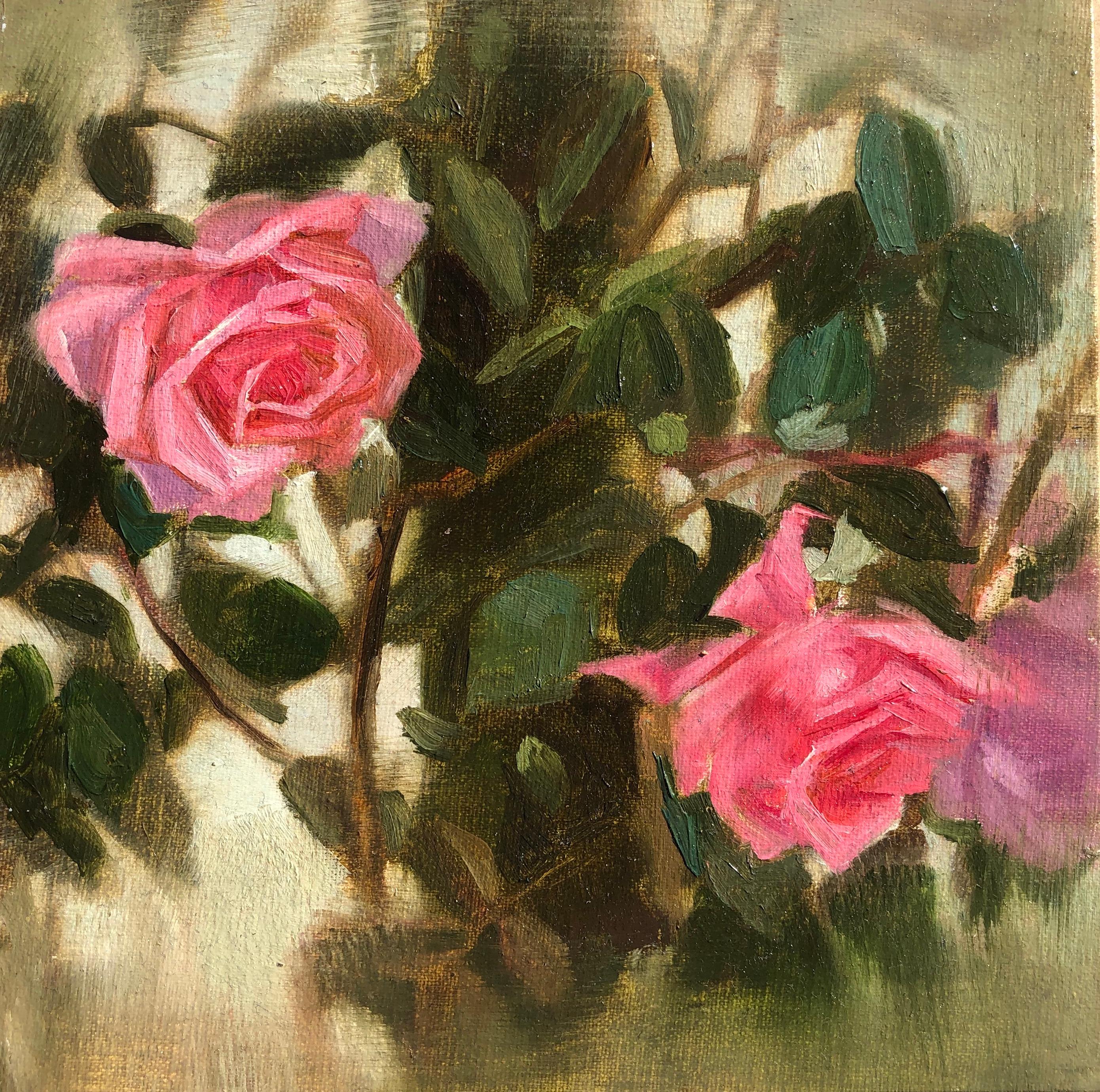 Hilary Gomes Still-Life Painting - Pink Roses and Vines, Oil Painting
