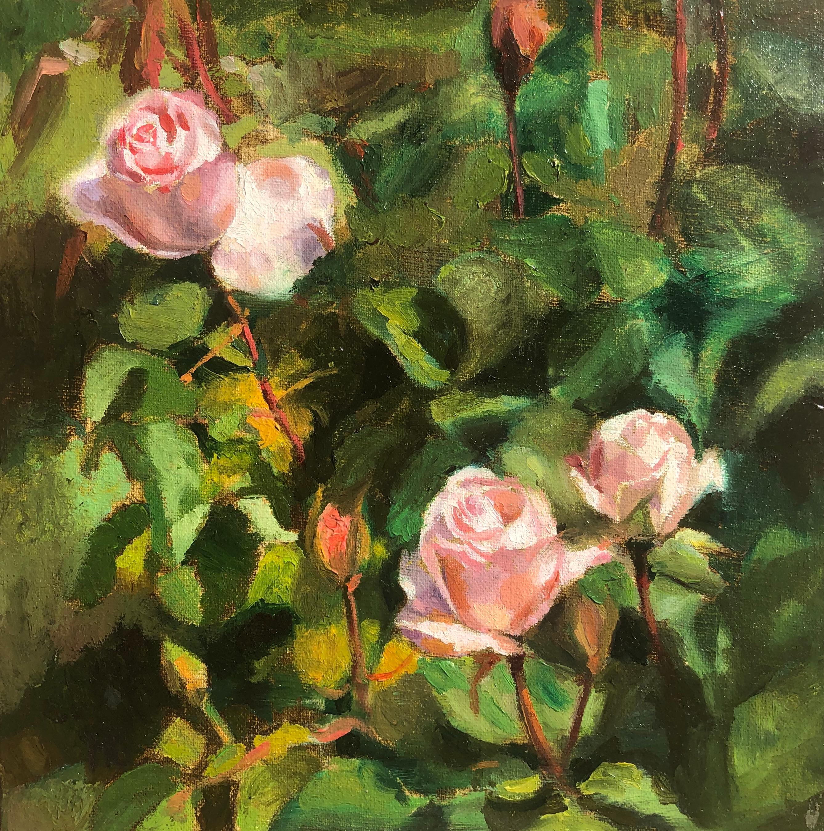 Hilary Gomes Still-Life Painting - Three Light Pink Roses, Oil Painting