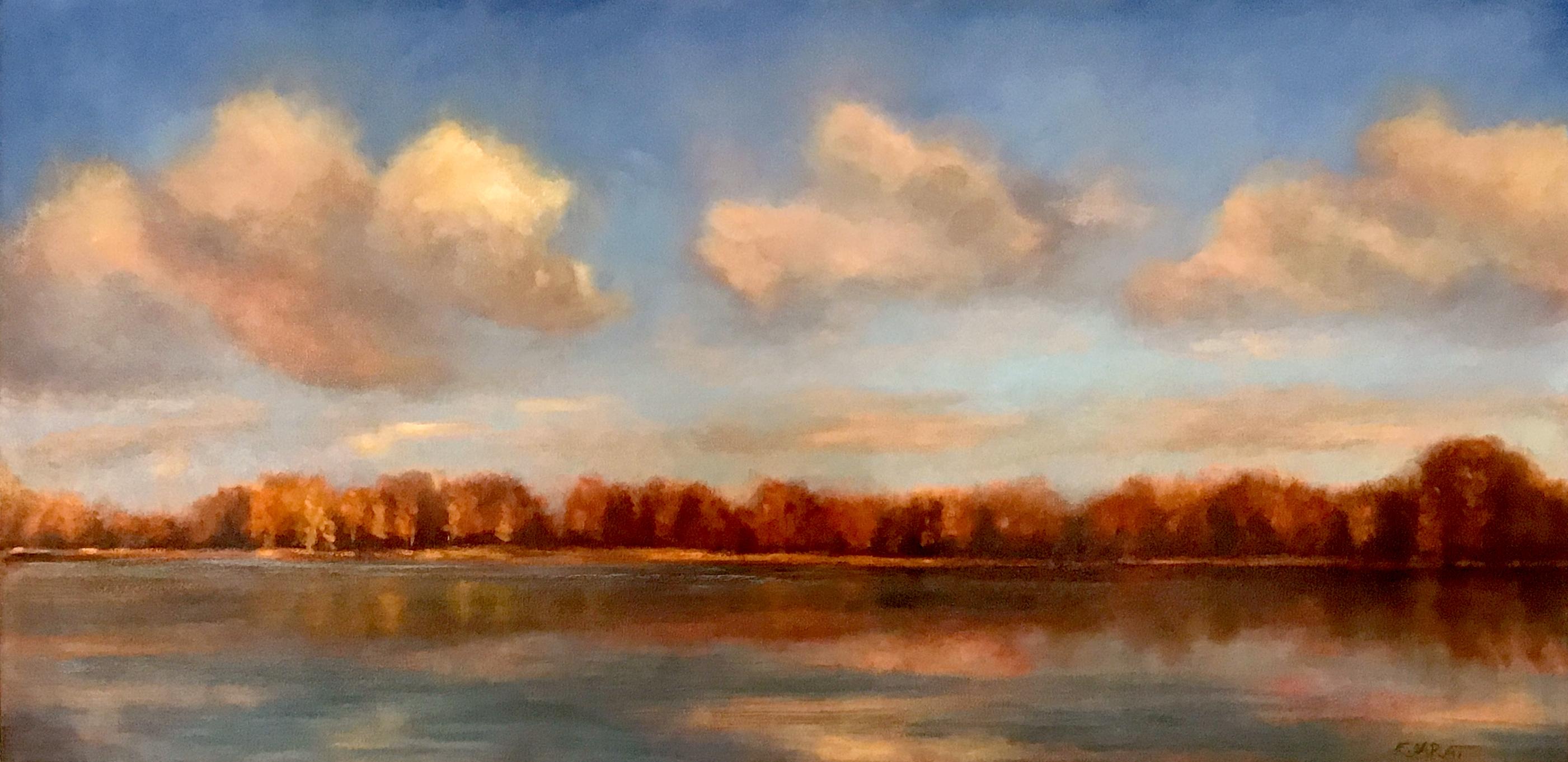 Elizabeth Garat Landscape Painting – Herbstnachmittag, Orange, Braun und Blau, Ölgemälde